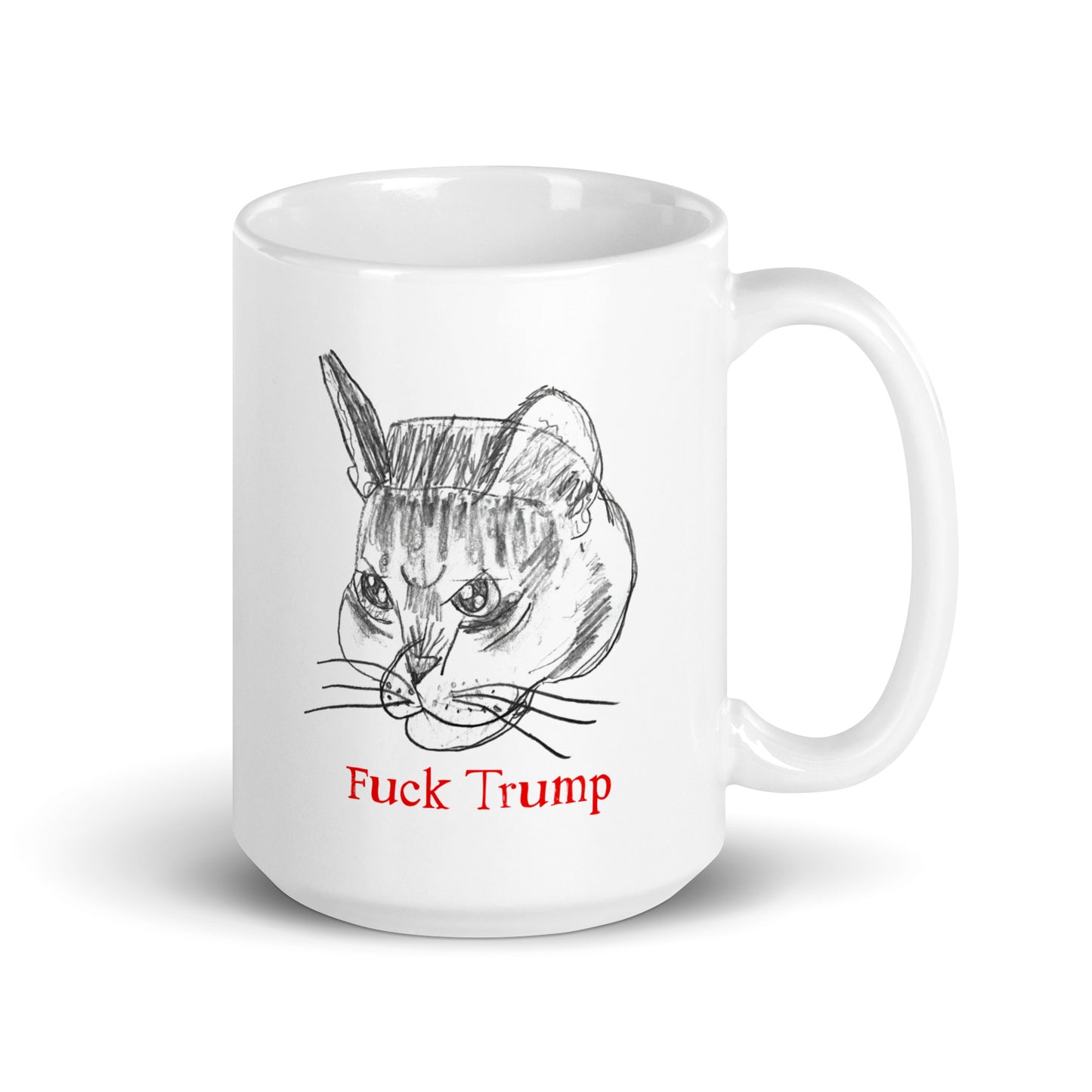 White 15 oz glossy mug featuring a humorous cat illustration with the text "F*ck Trump."