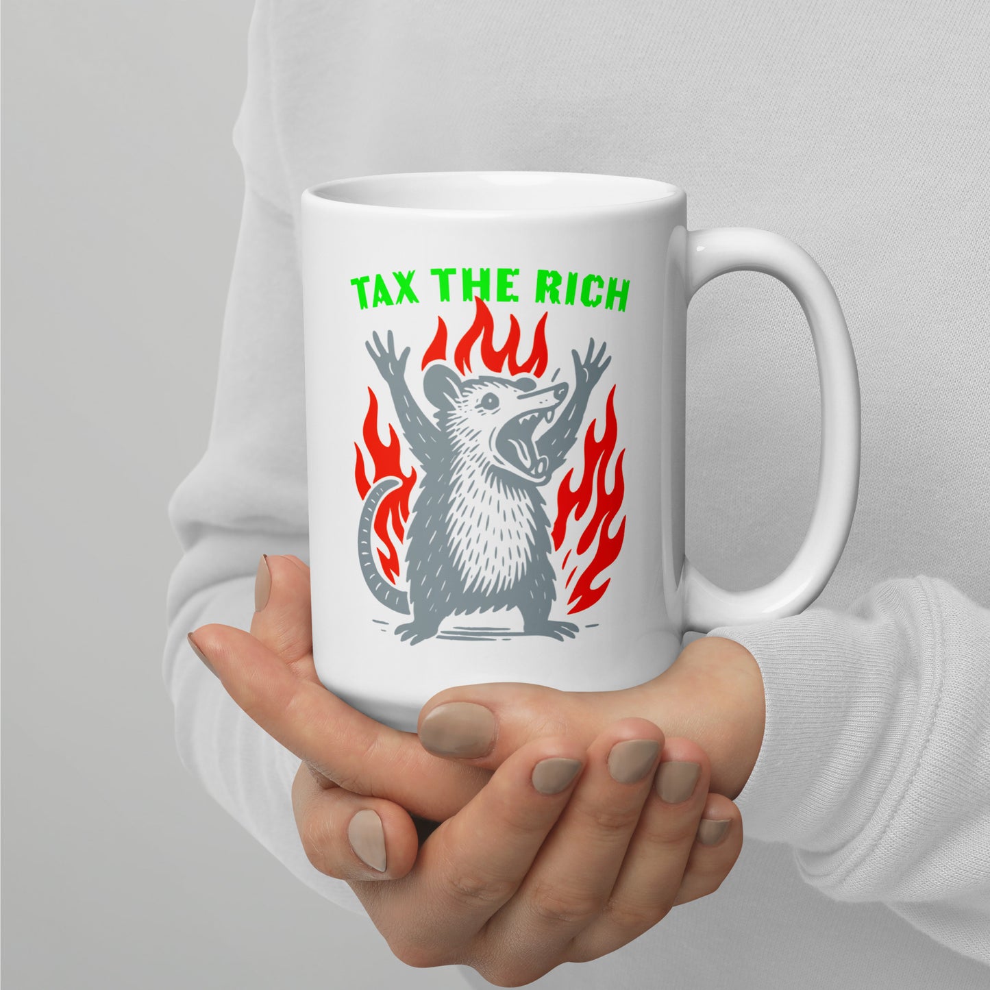 Front View Image: Tax The Rich Opossum 15 oz White Mug – protest graphic with flames and bold text