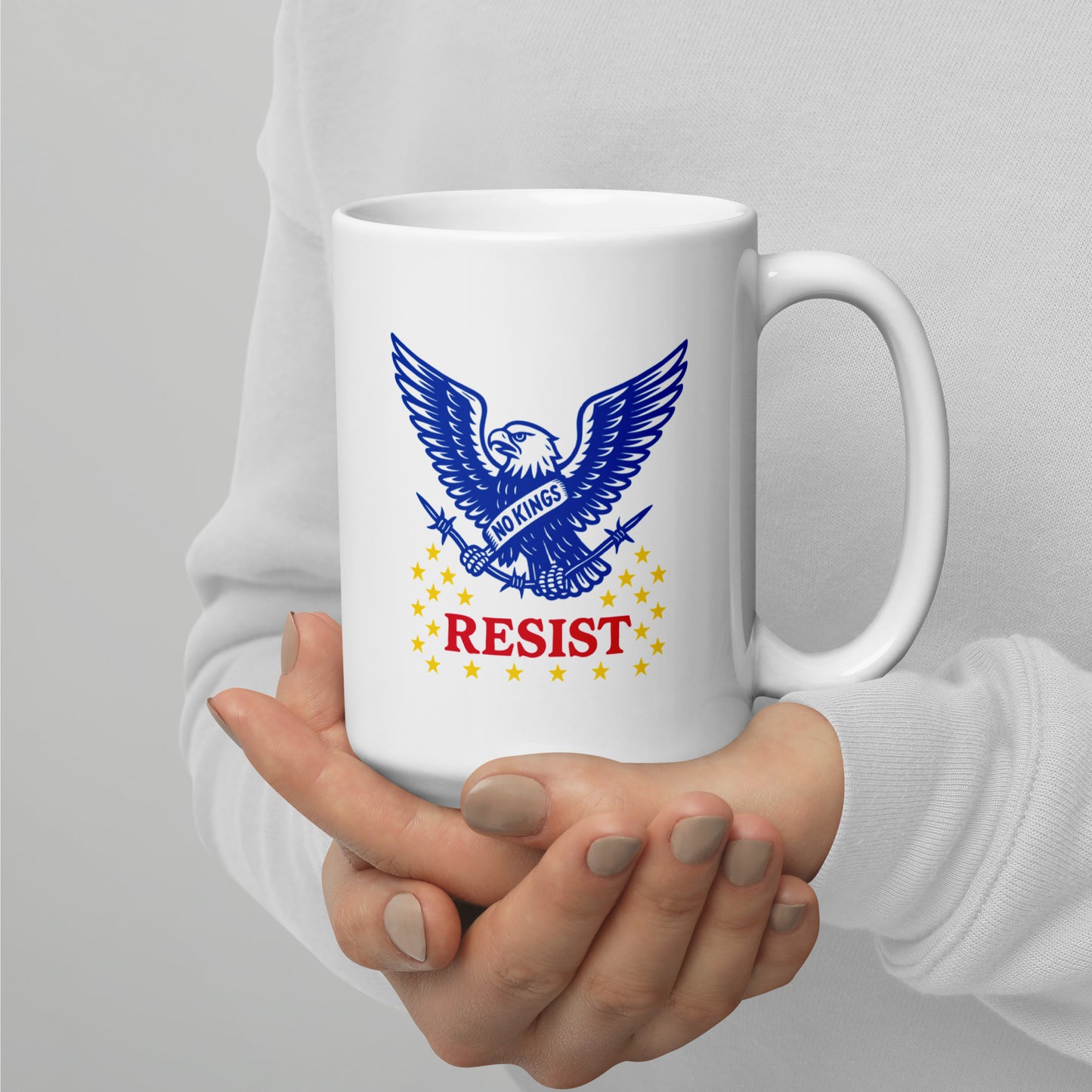 Resist: "No Kings In America" Anti-Trump Patriotic Eagle Graphic 15 oz White Glossy Mug