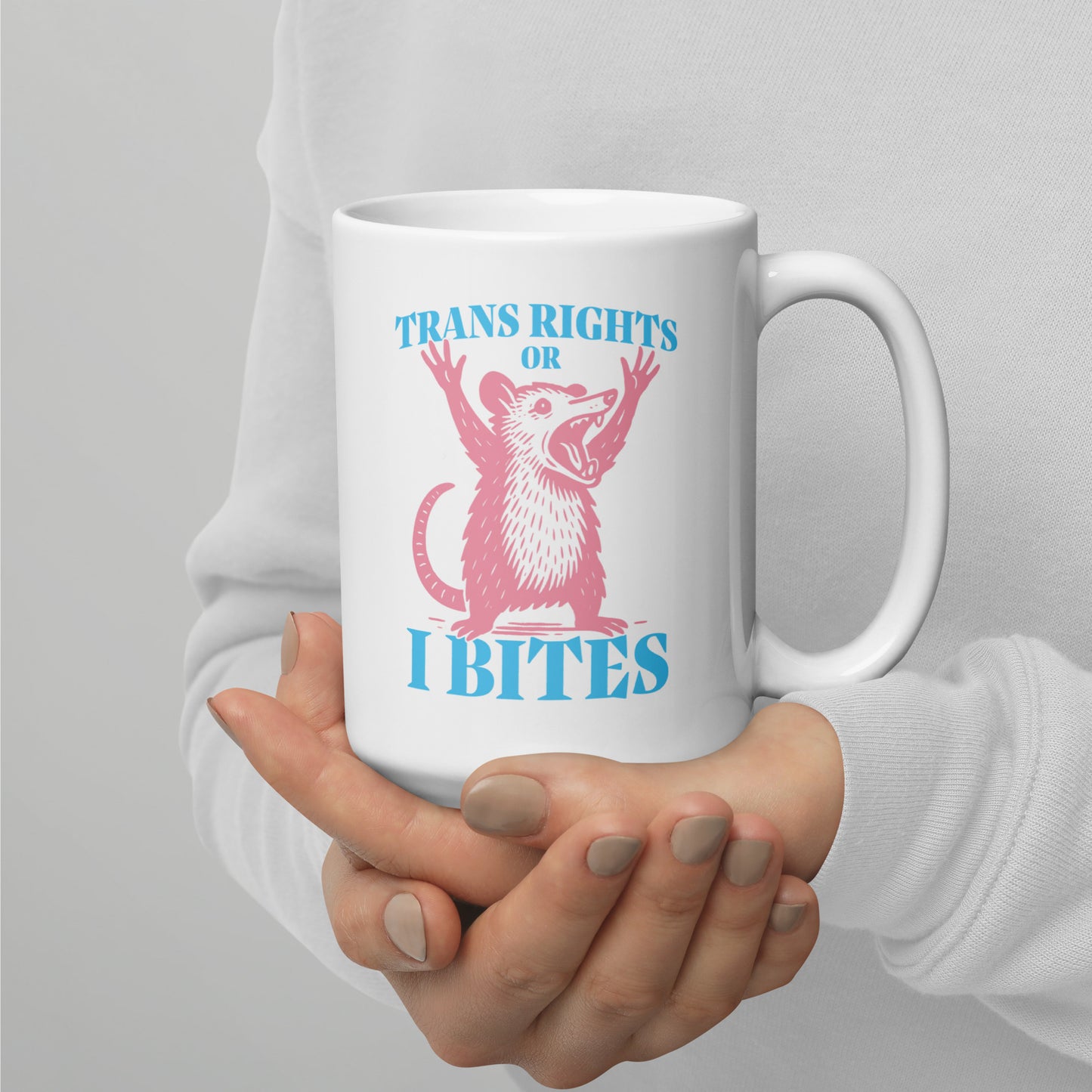 Trans Rights Or I Bites Trans Pride Opossum Graphic White 15 oz Glossy Mug