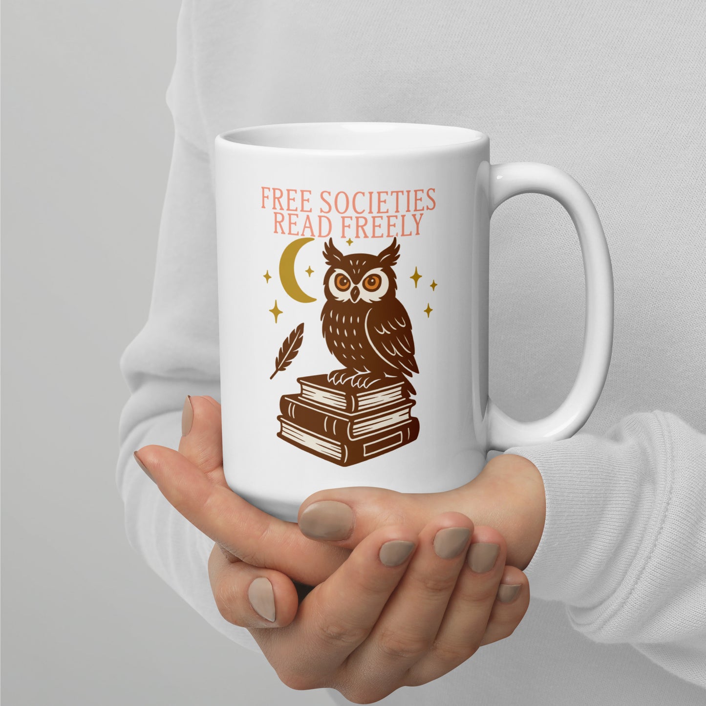 15 oz “Free Societies Read Freely” owl and stars graphic ceramic mug, Blue Wave progressive home & lifestyle accessory for readers.