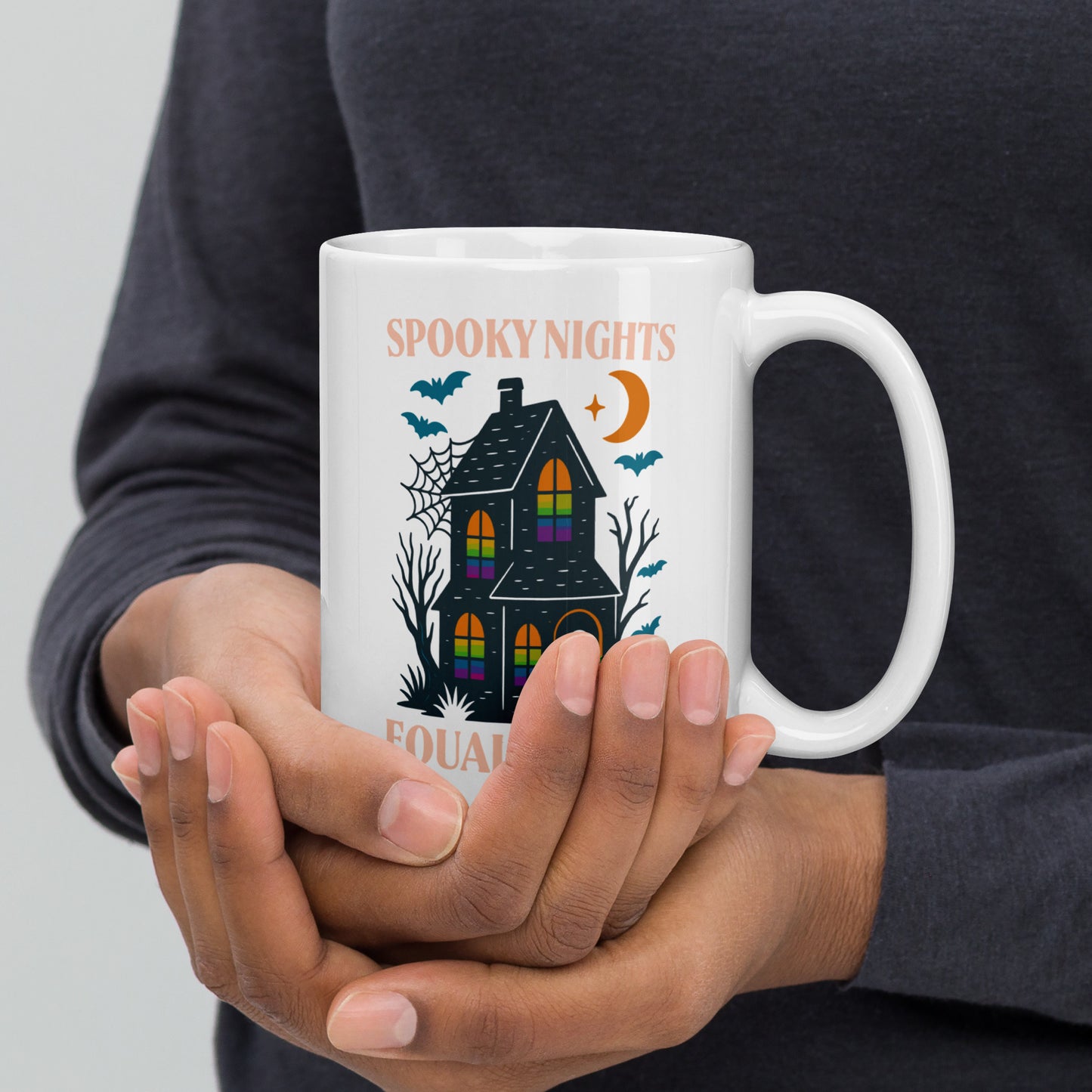 Activist Halloween mug with “Spooky Nights, Equal Rights” ghost and bats design, cozy equality-themed ceramic cup in autumn style.