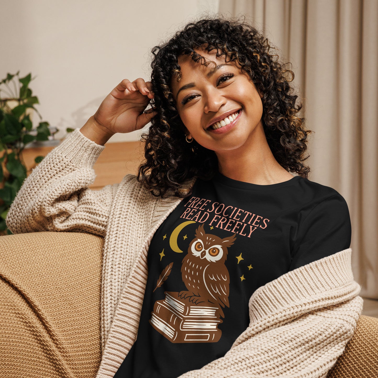 “Free Societies Read Freely” women’s fit owl and book stack tee, activist apparel for readers.