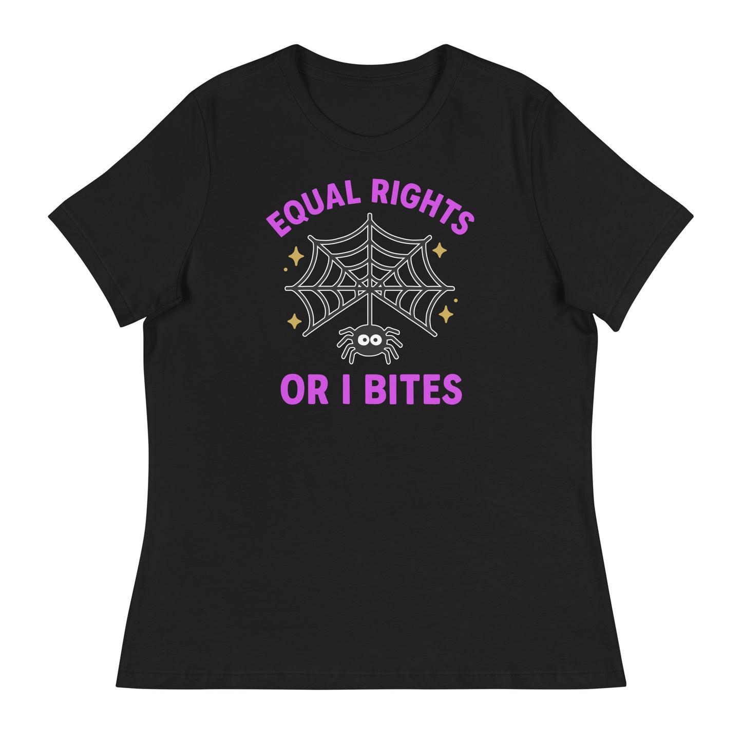 Black “Equal Rights or I Bites” spider web shirt, feminist and progressive Halloween design for activists and allies.