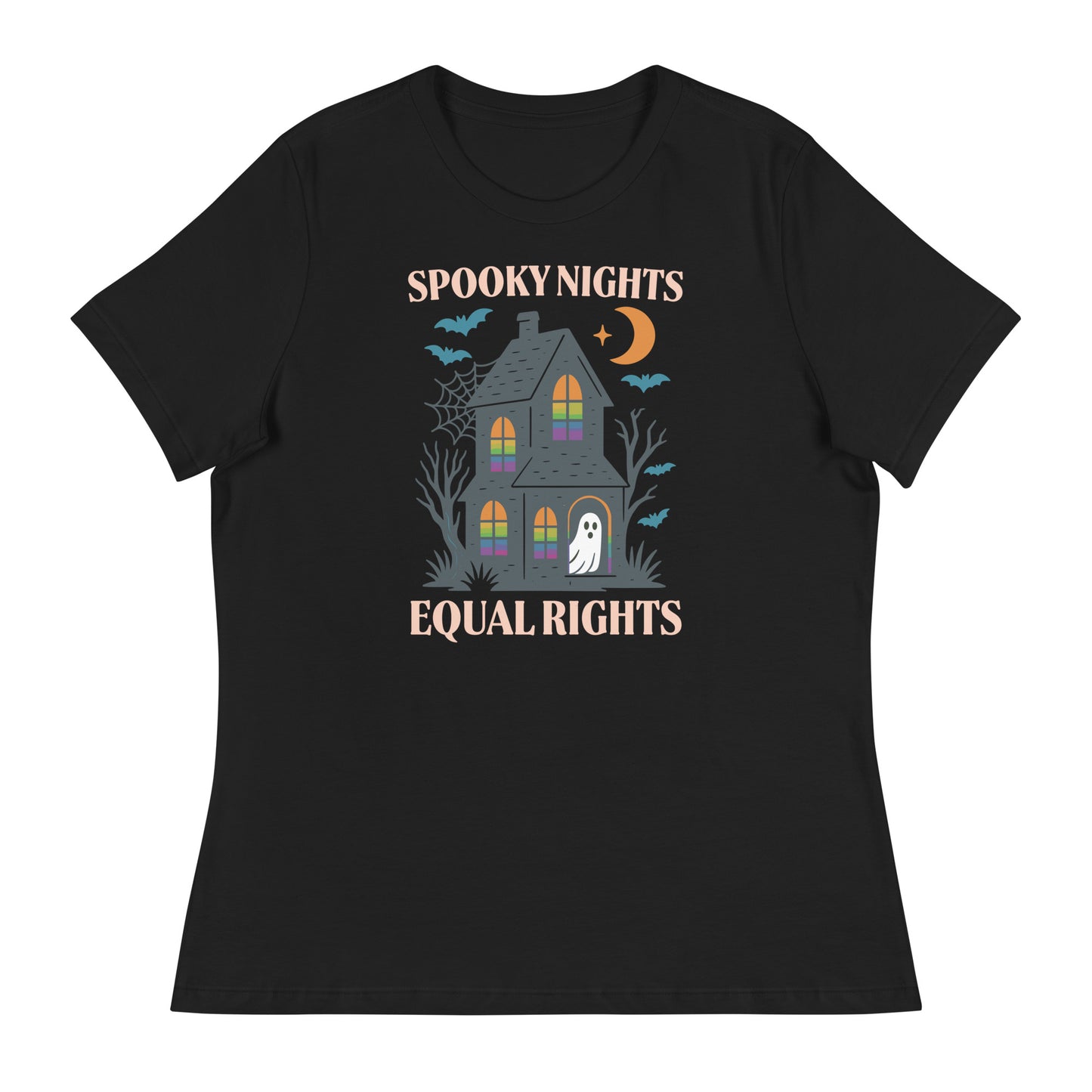 Black women’s relaxed T-shirt with “Spooky Nights, Equal Rights” haunted house and ghost design, Halloween feminist activism shirt.