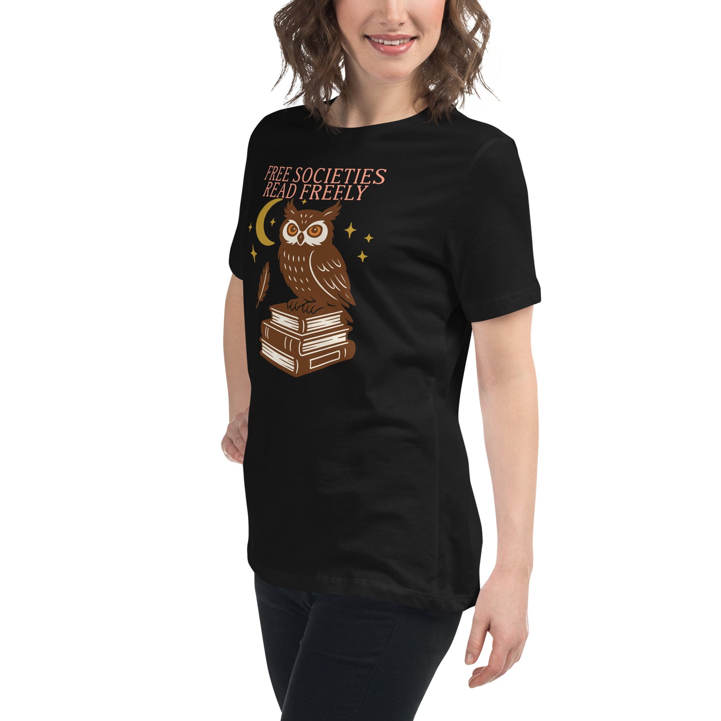 Activist women’s t-shirt with “Free Societies Read Freely” owl design, progressive apparel by Blue Wave USA.