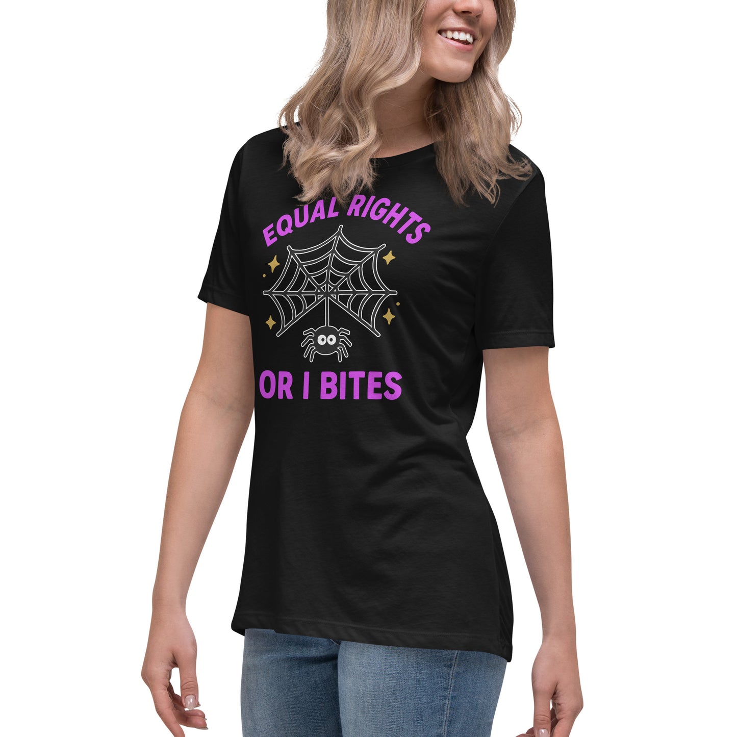 Model wearing “Equal Rights or I Bites” Halloween equality shirt with web and spider design, women’s relaxed fit tee.