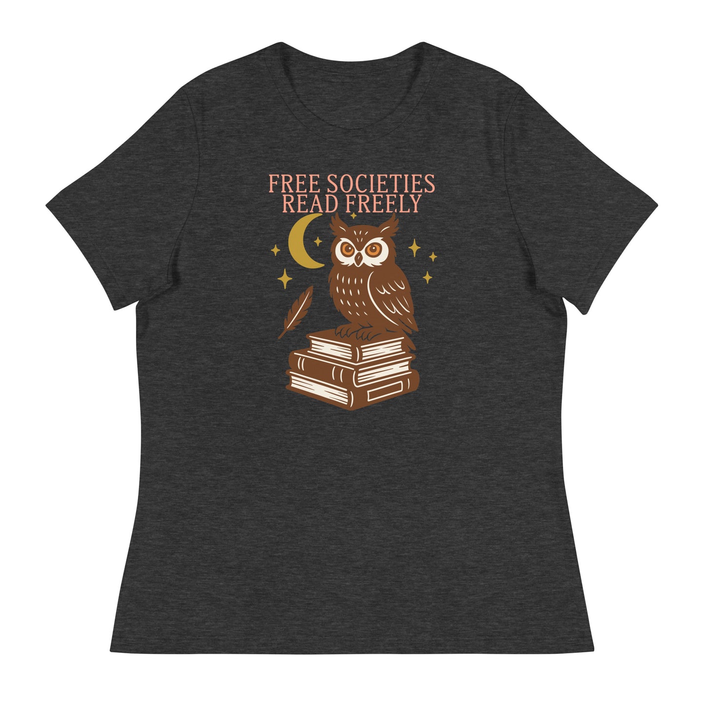 Heather grey “Free Societies Read Freely” owl and moon illustration on women’s t-shirt, progressive literary design.