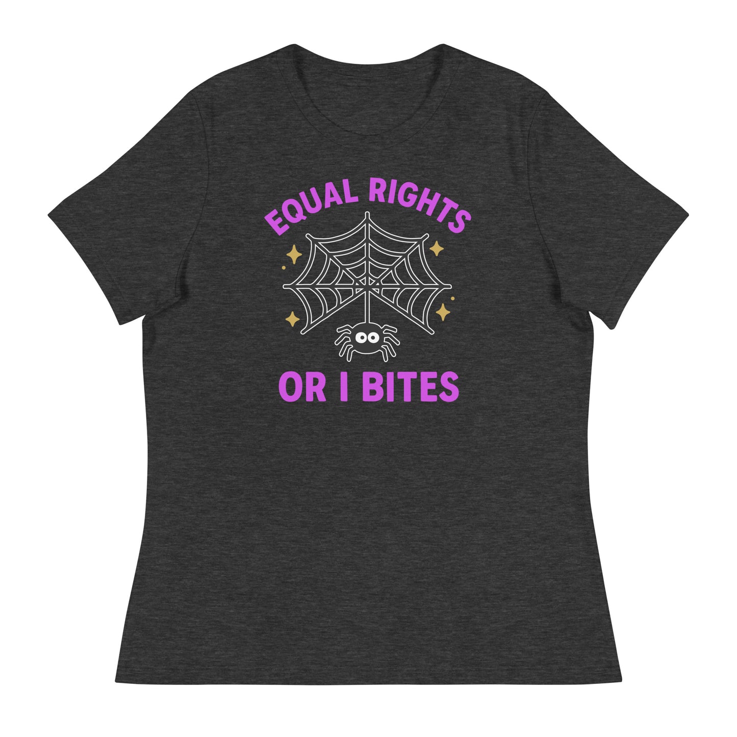 Heather gray “Equal Rights or I Bites” shirt with spider web and stars, political Halloween tee promoting women’s rights.