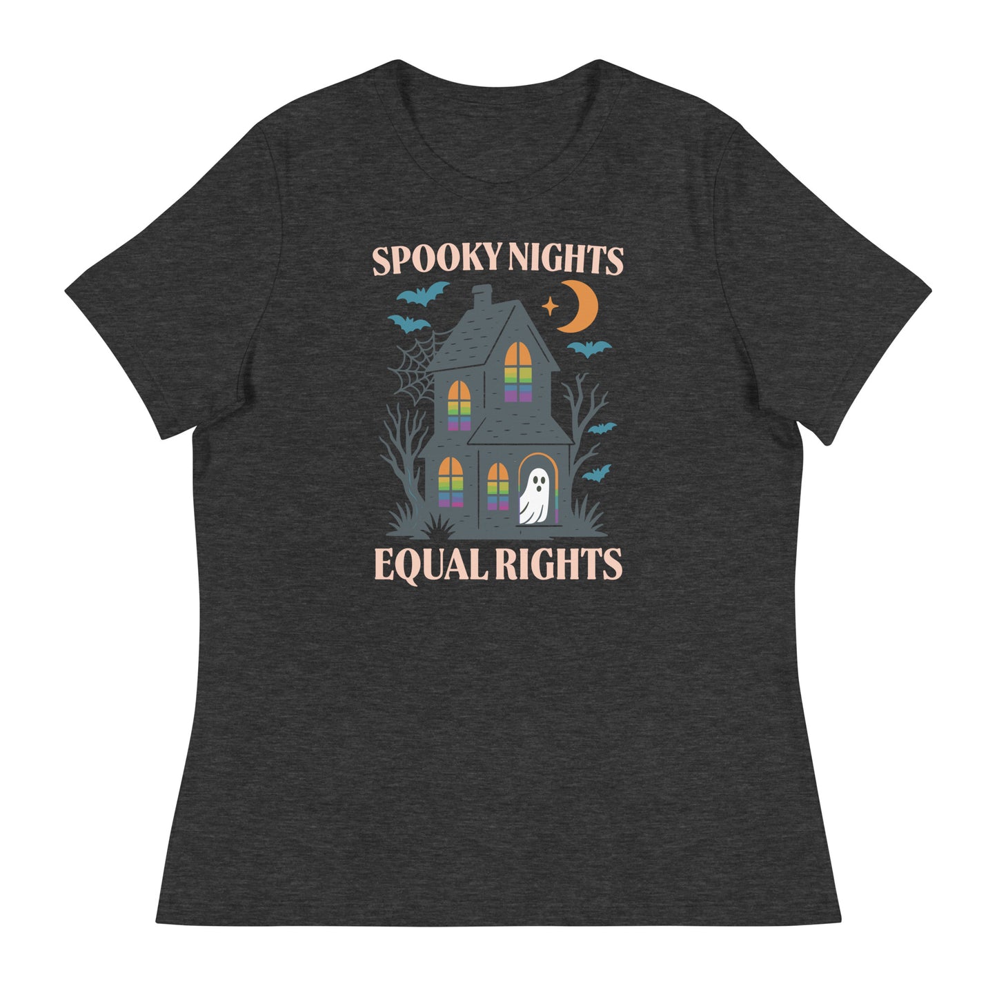 Heather gray women’s Halloween shirt featuring rainbow-window haunted house, equality-themed design for October events.