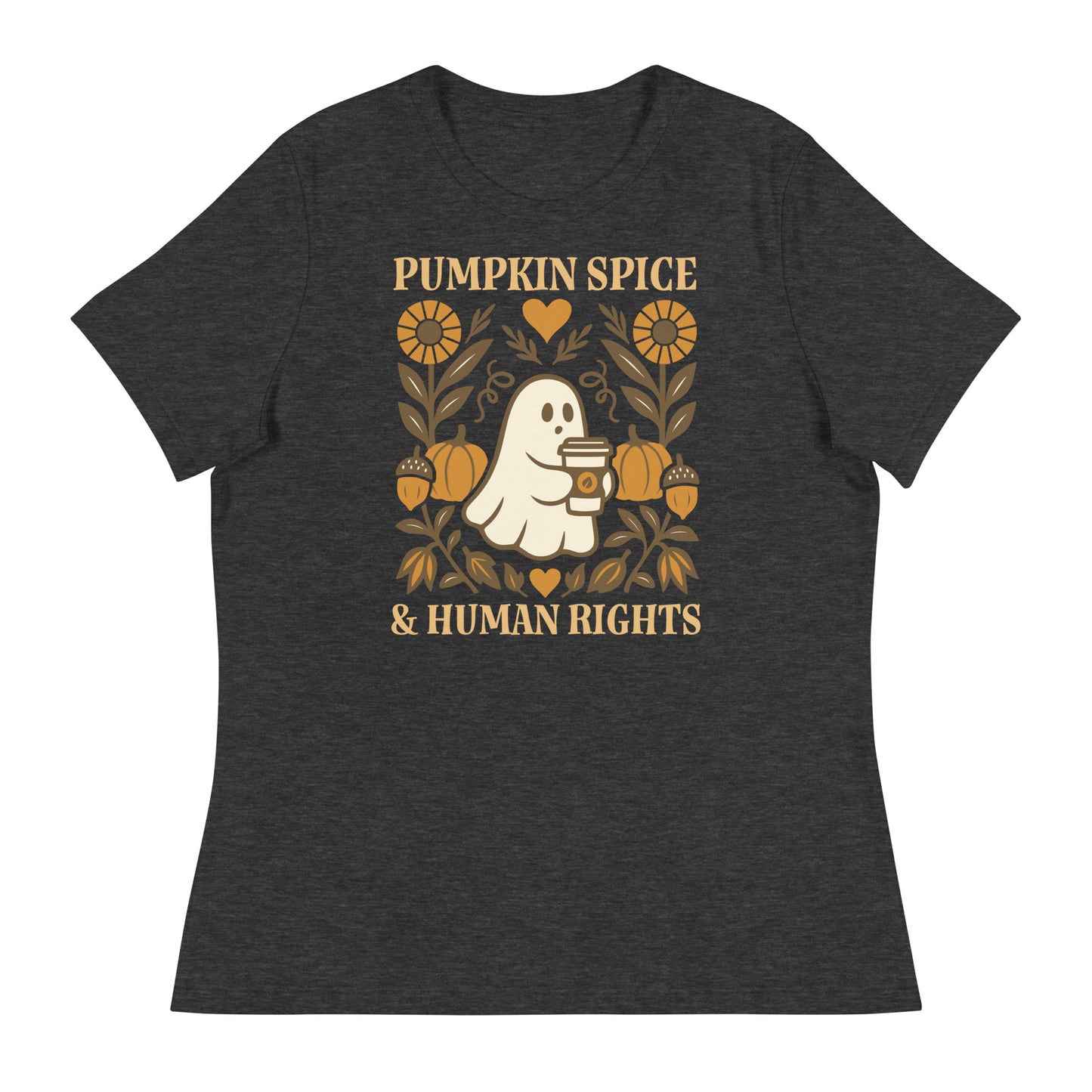 Heather gray “Pumpkin Spice & Human Rights” equality shirt, autumn-themed feminist Thanksgiving ghost design.