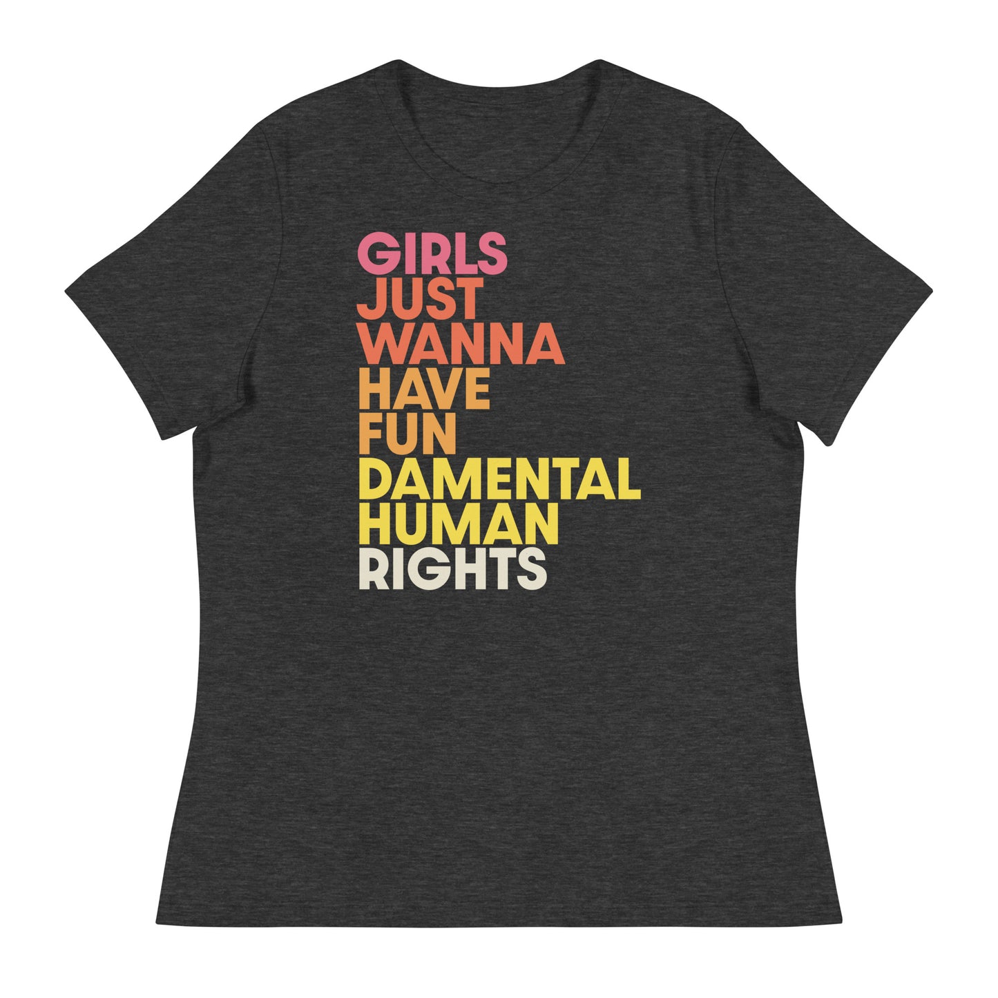 Heather gray “Girls Just Wanna Have Fundamental Human Rights” women’s relaxed fit tee, modern Blue Wave USA feminist style.