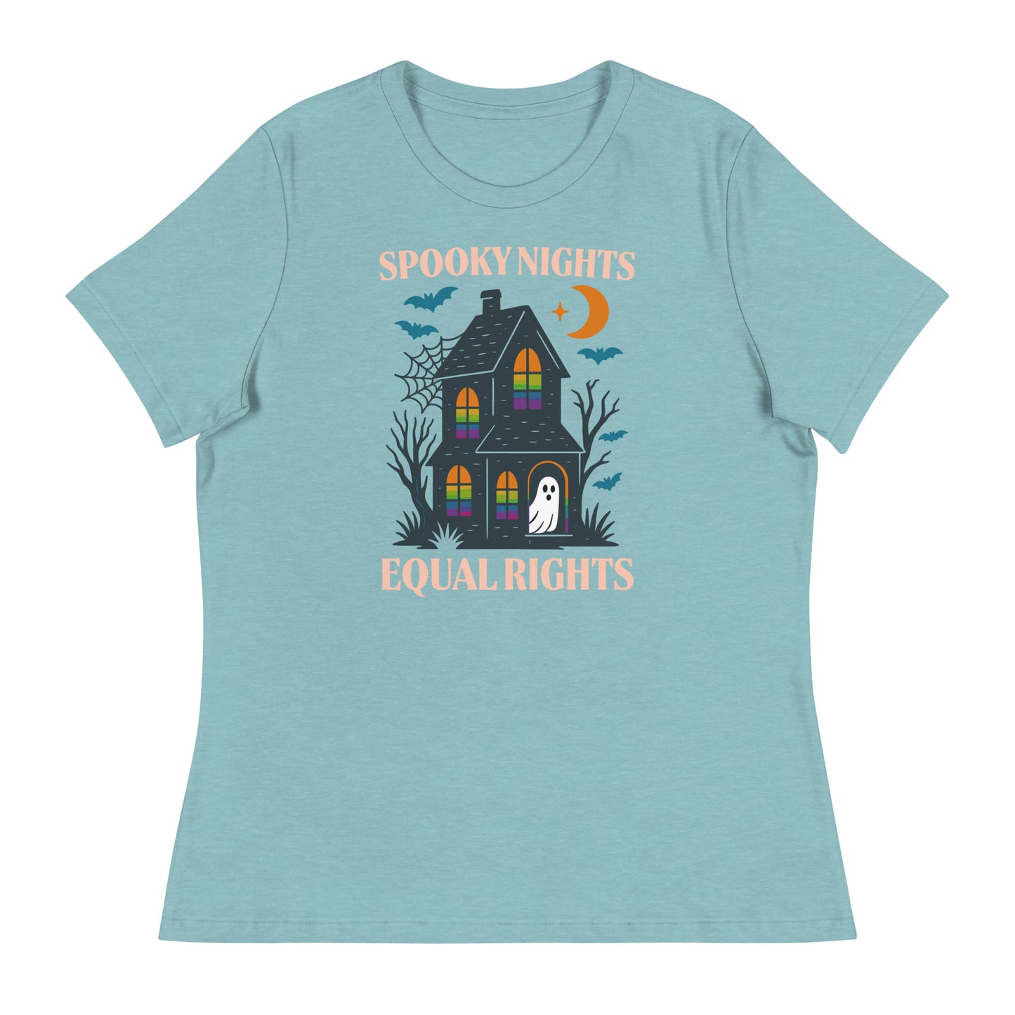 Heather blue “Spooky Nights, Equal Rights” relaxed fit shirt, progressive LGBTQ+ Halloween apparel by Blue Wave USA.