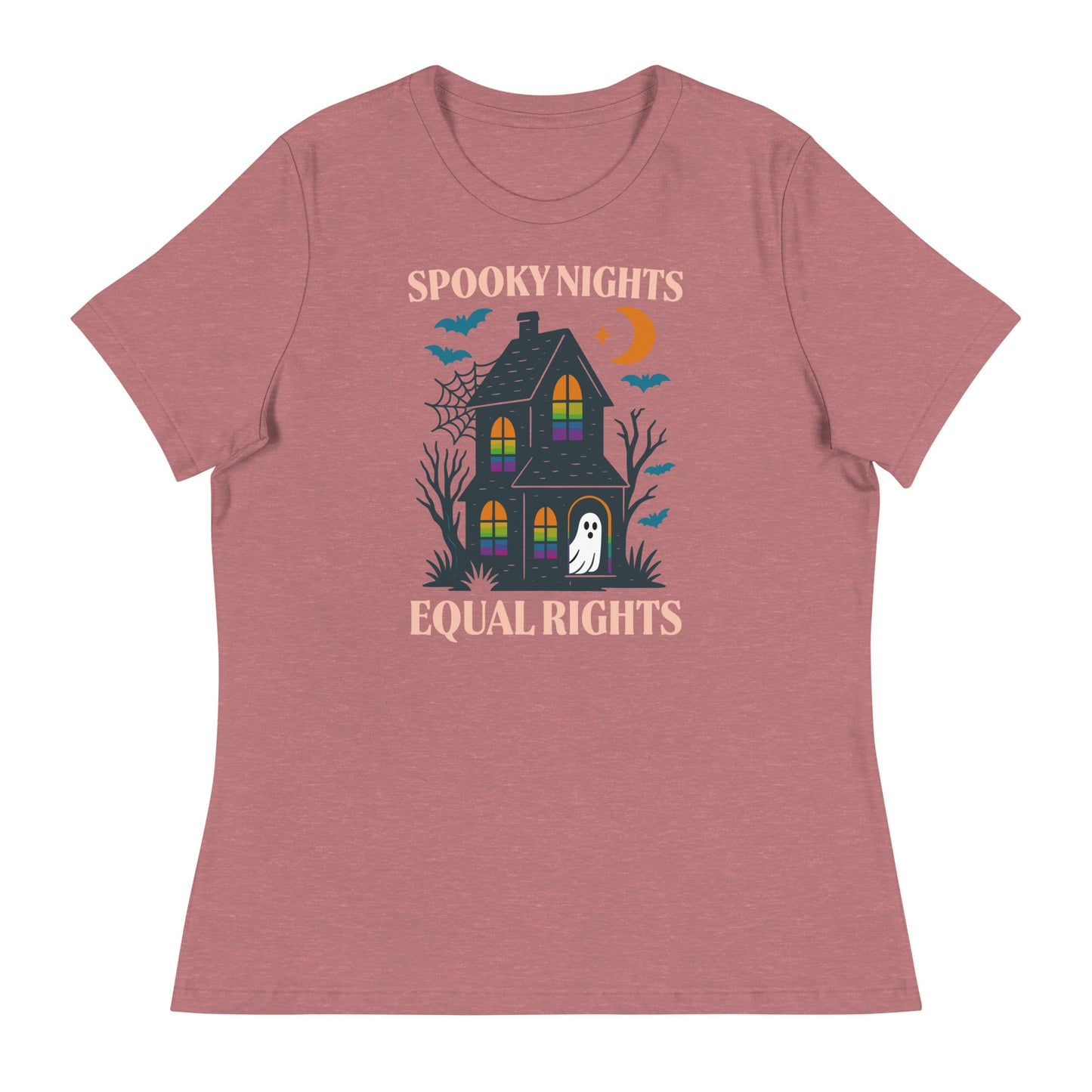 Heather Mauve “Spooky Nights, Equal Rights” feminist Halloween T-shirt with moon and ghost artwork.