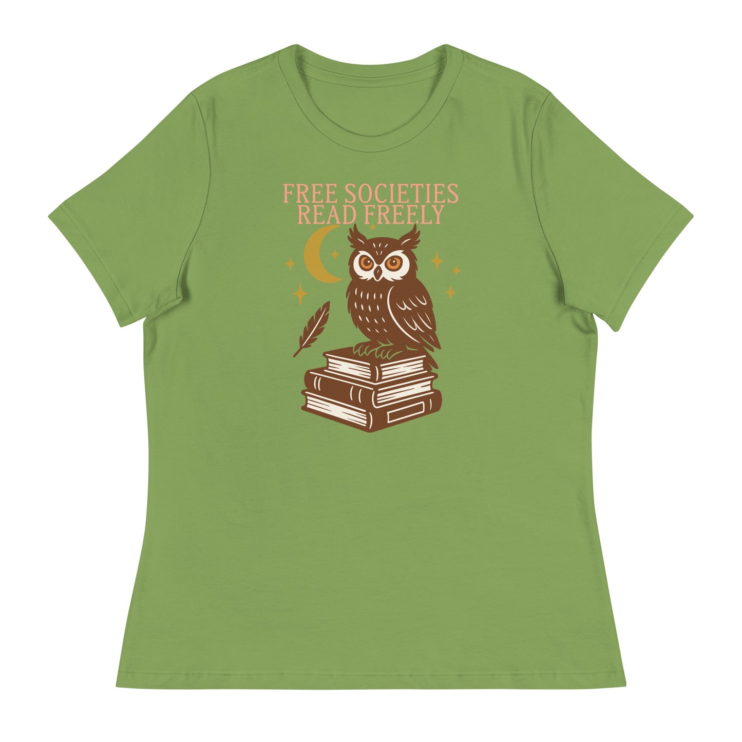 Leaf green women’s activist tee with “Free Societies Read Freely” owl and books illustration.