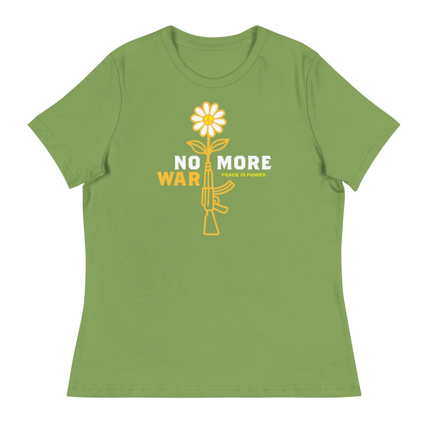 Leaf green women’s relaxed t-shirt featuring bright floral rifle illustration with compact anti-war wording and small “Peace Is Power” line.