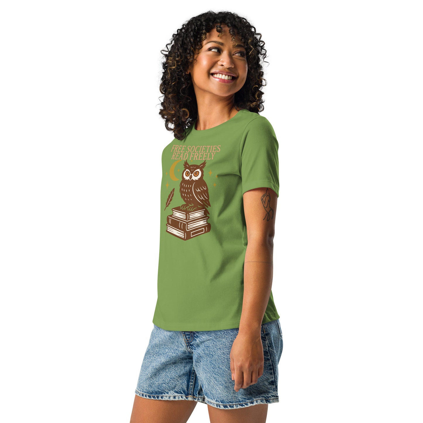 Sage green “Free Societies Read Freely” owl graphic women’s t-shirt, banned books awareness clothing.