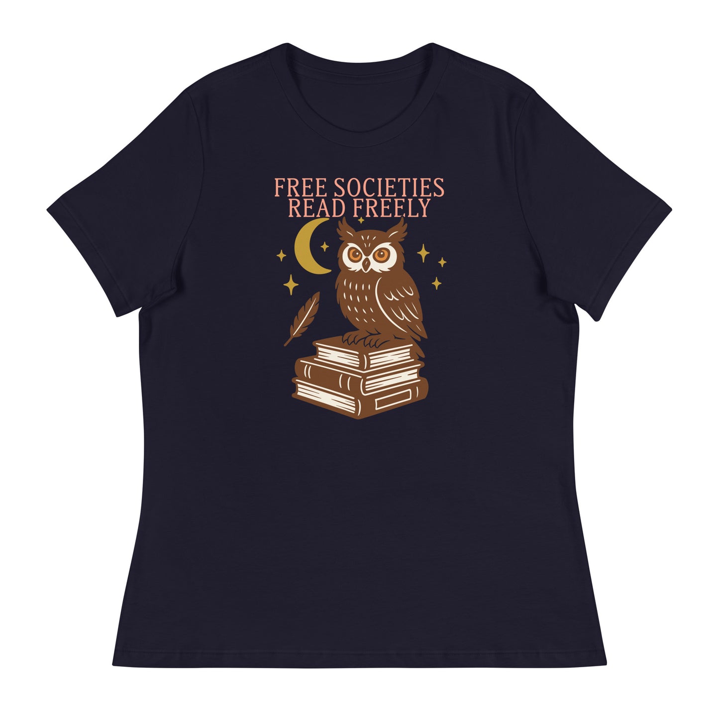 Navy blue women’s “Free Societies Read Freely” owl on books graphic tee, book lovers’ activist shirt.