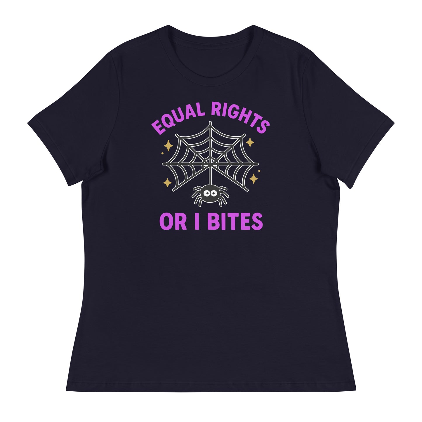 Navy “Equal Rights or I Bites” Halloween shirt with spider web and stars, spooky feminist tee promoting equality and justice.