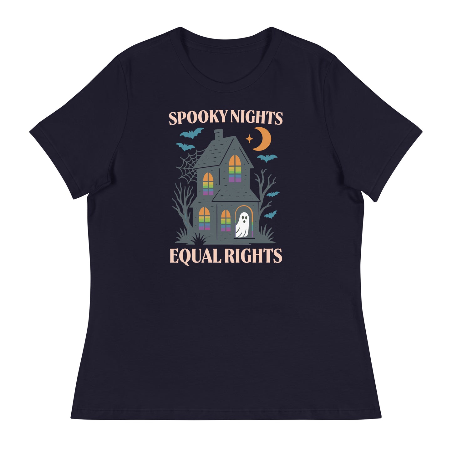 Navy blue T-shirt with “Spooky Nights, Equal Rights” moon, bats, and ghost design, stylish fall activist tee.
