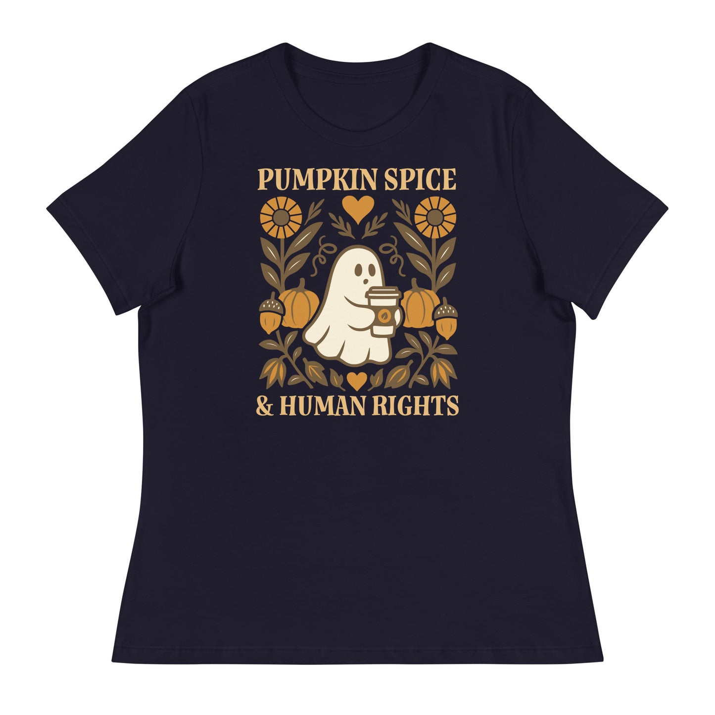 Navy “Pumpkin Spice & Human Rights” shirt featuring cute ghost holding latte surrounded by pumpkins and flowers.