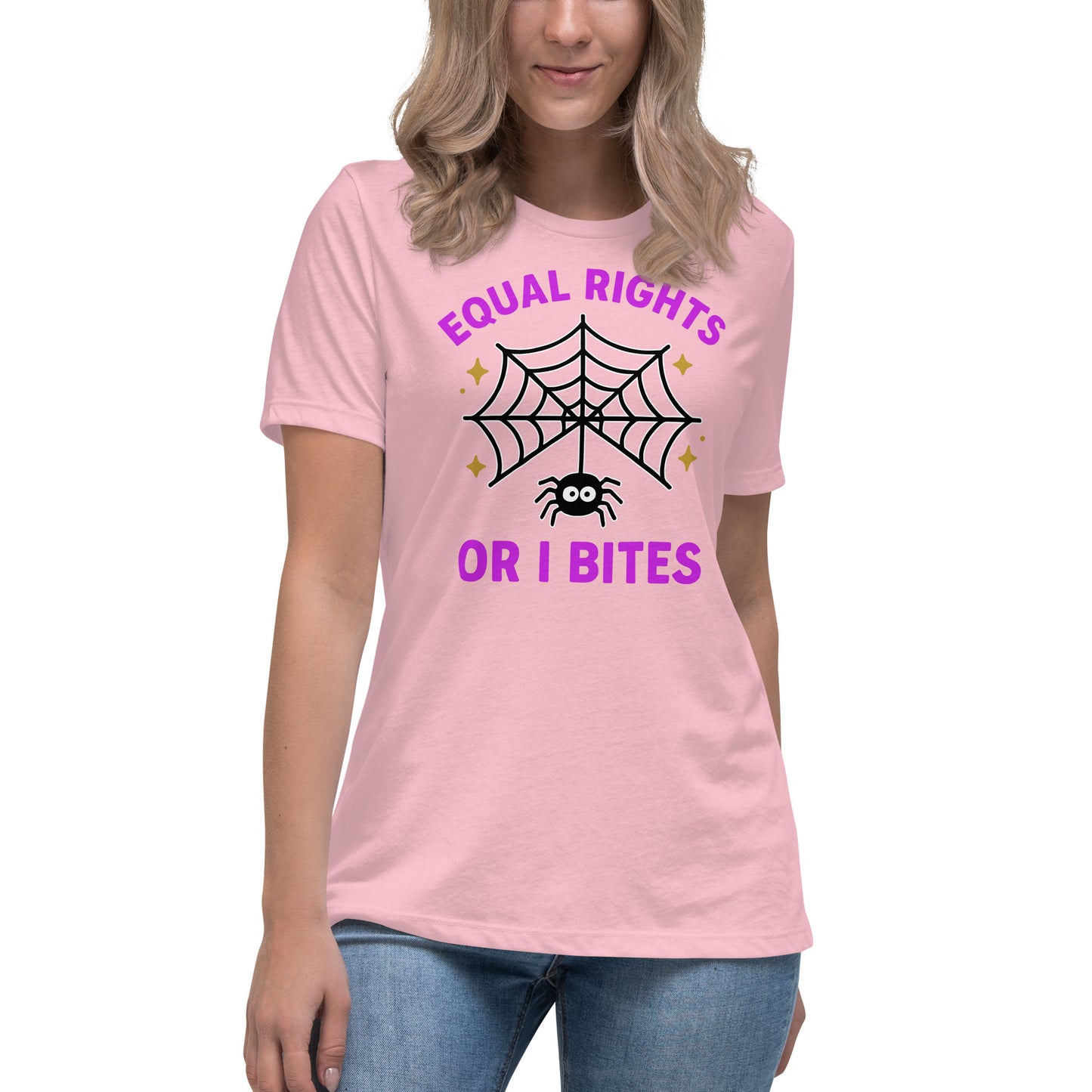 Pink “Equal Rights or I Bites” Halloween feminist shirt with spider web design, cute activist tee for equality supporters.