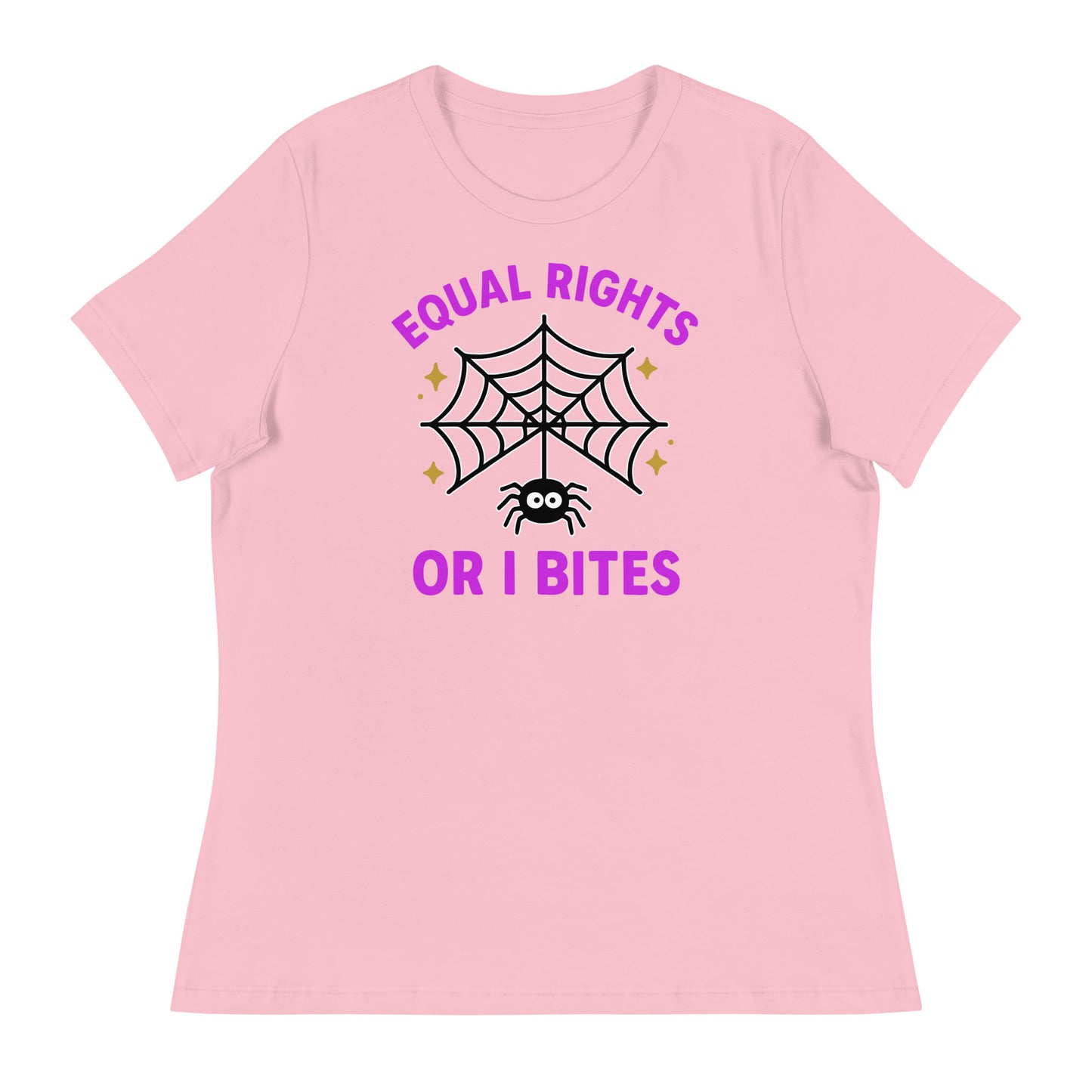 Pink “Equal Rights or I Bites” Halloween feminist shirt with spider web design, cute activist tee for equality supporters.