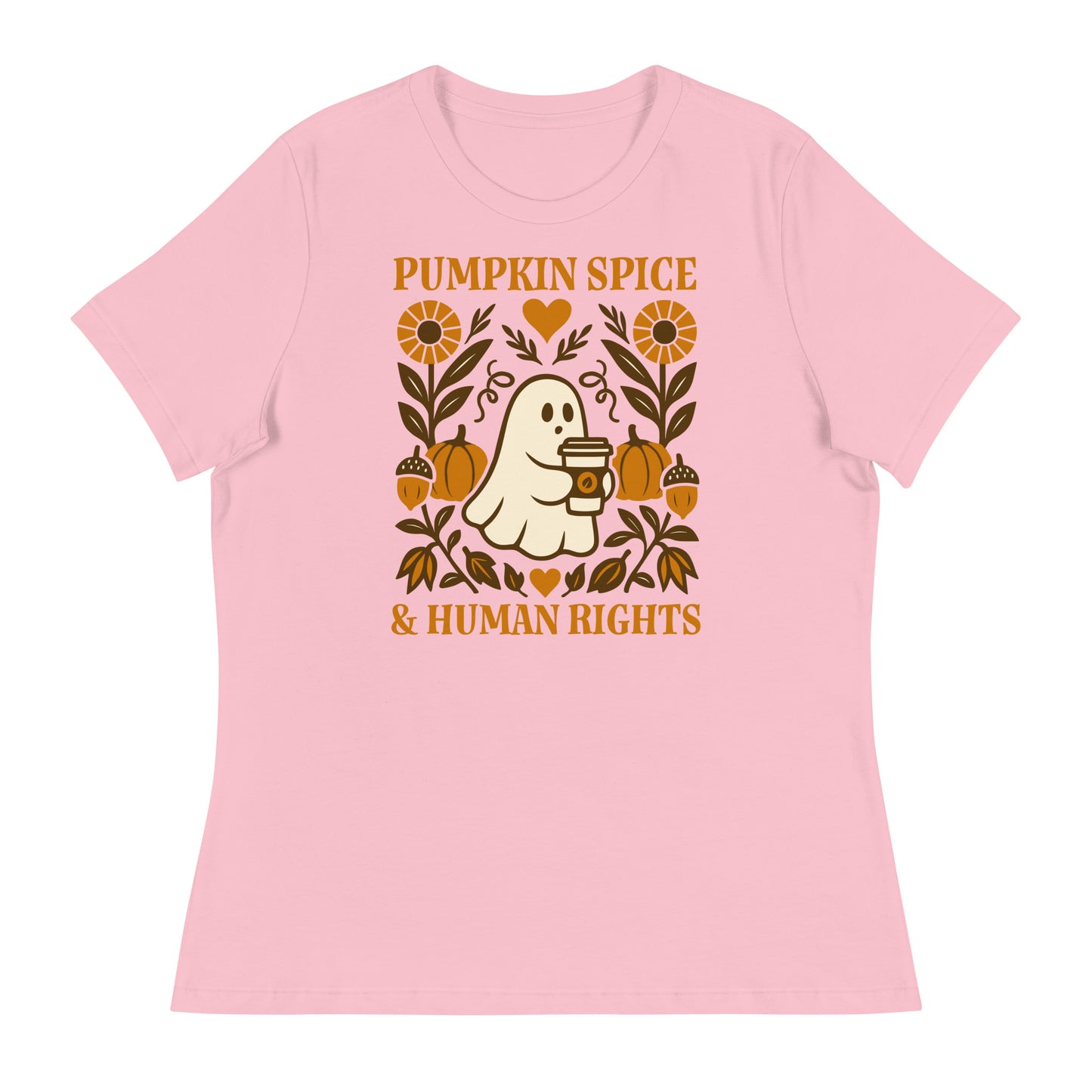 Light pink “Pumpkin Spice & Human Rights” t-shirt with warm brown ghost and floral illustration, cozy progressive vibe.