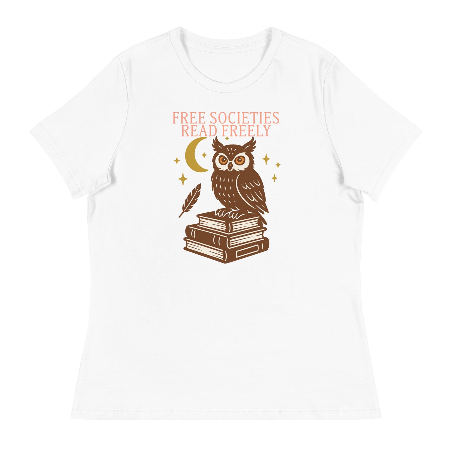 White “Free Societies Read Freely” owl and books progressive women’s t-shirt, Blue Wave USA clothing for book lovers and activists.