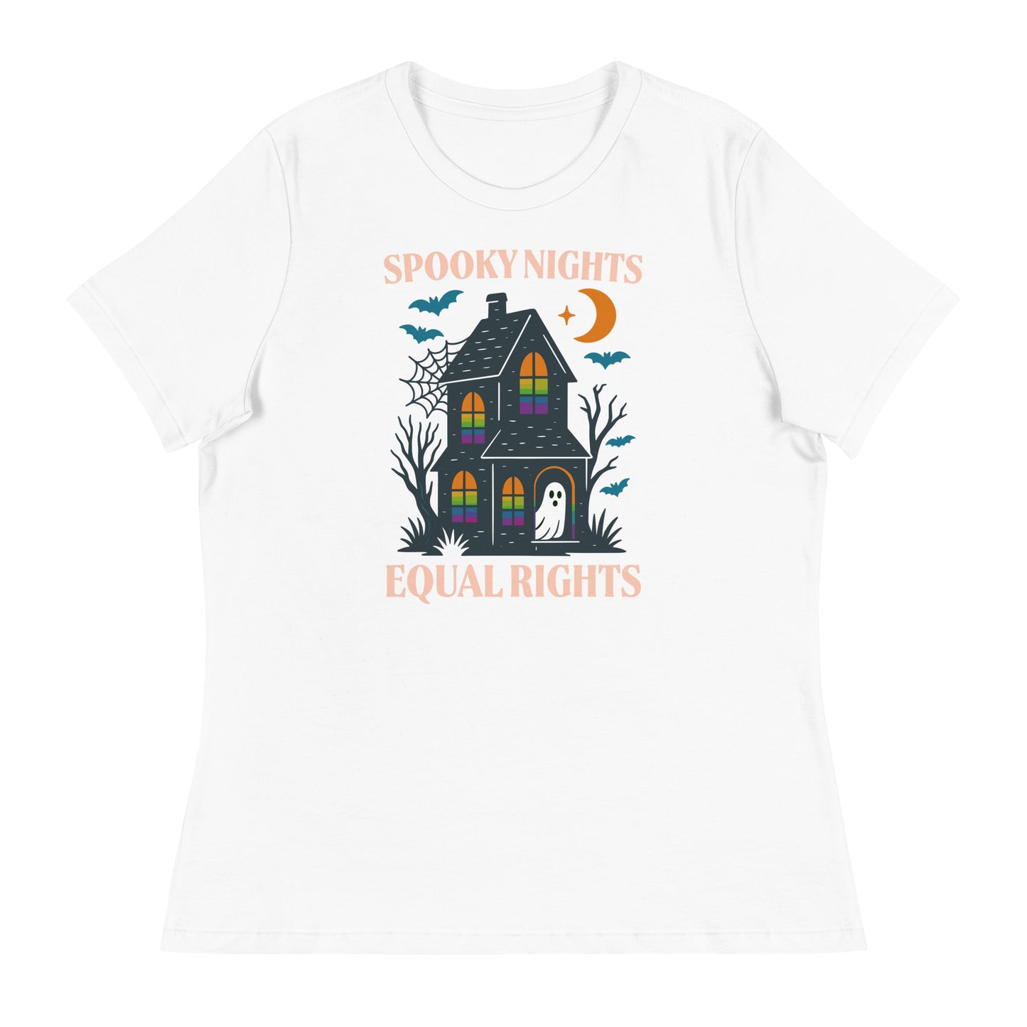 White Halloween equality shirt featuring spooky haunted house and rainbow windows, “Spooky Nights, Equal Rights” text in vintage print.