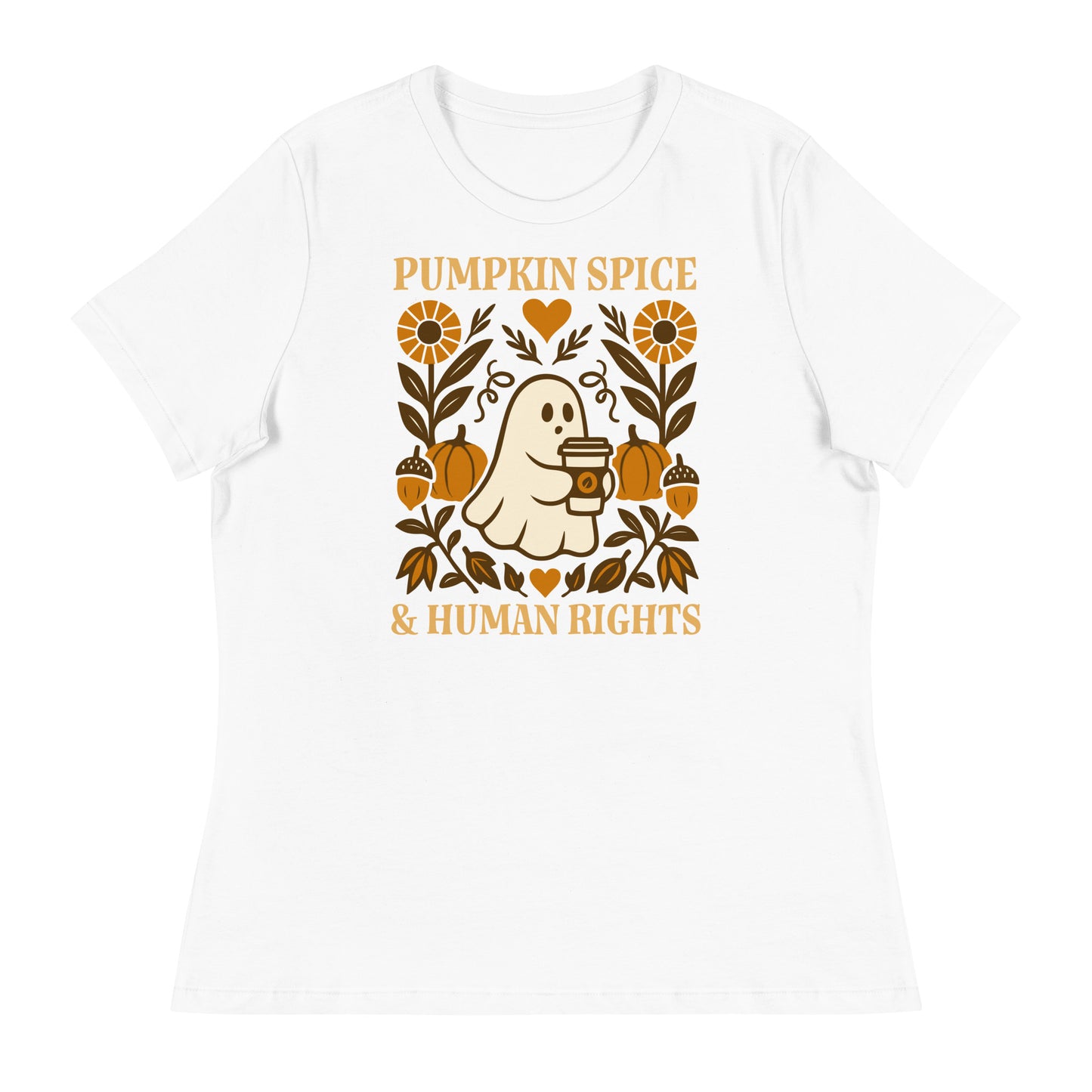 White “Pumpkin Spice & Human Rights” women’s relaxed tee with ghost holding pumpkin spice latte, Blue Wave progressive fall style.