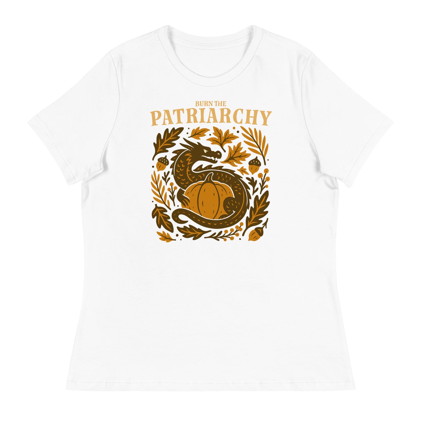 White “Burn the Patriarchy” feminist dragon tee with golden botanical details, Thanksgiving equality fashion statement.