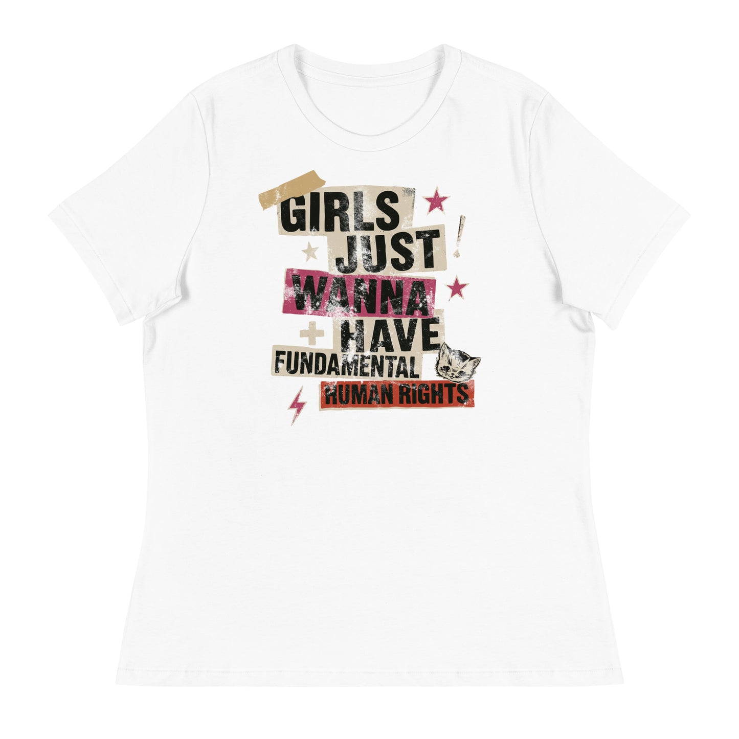 White women’s relaxed t-shirt with collage-style feminist slogan “Girls Just Wanna Have Fundamental Human Rights.” A fresh, minimalist activist wardrobe staple by Blue Wave USA.