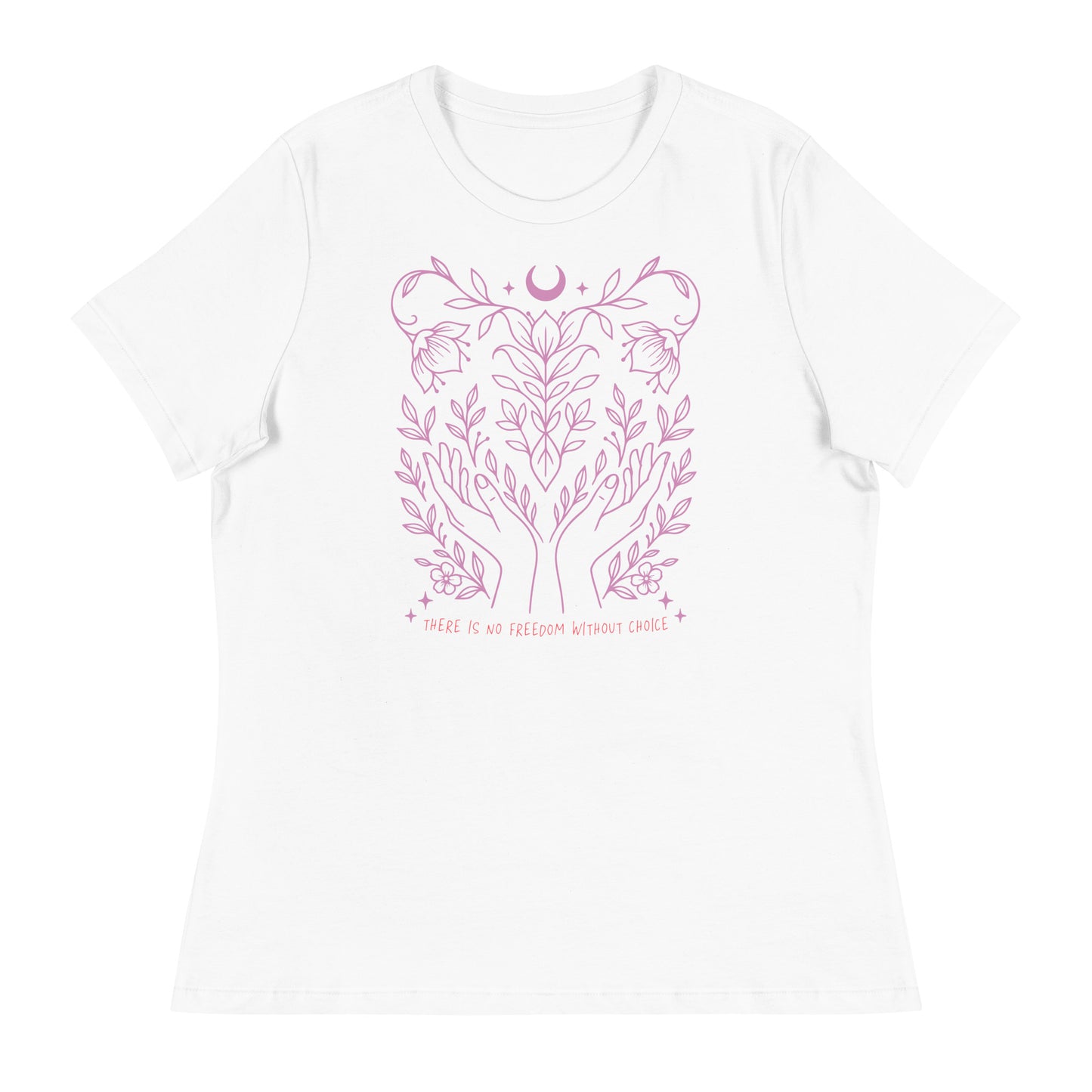 White relaxed-fit t-shirt featuring pink celestial and botanical design with “There Is No Freedom Without Choice.” Thoughtful, progressive piece by Blue Wave USA.