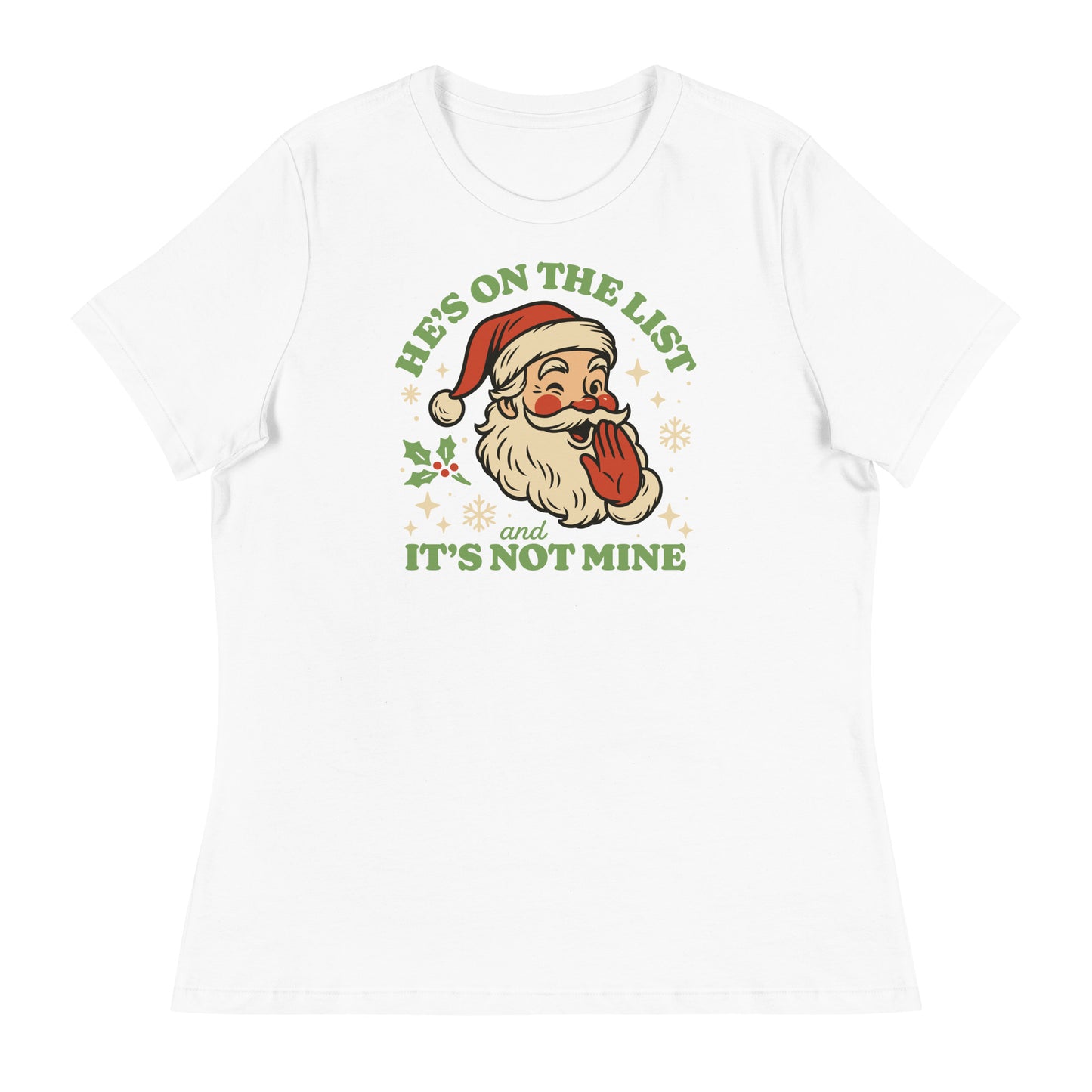 White women's tee displaying the full retro Santa design with soft pastel tones and snowflakes for a bright holiday style.