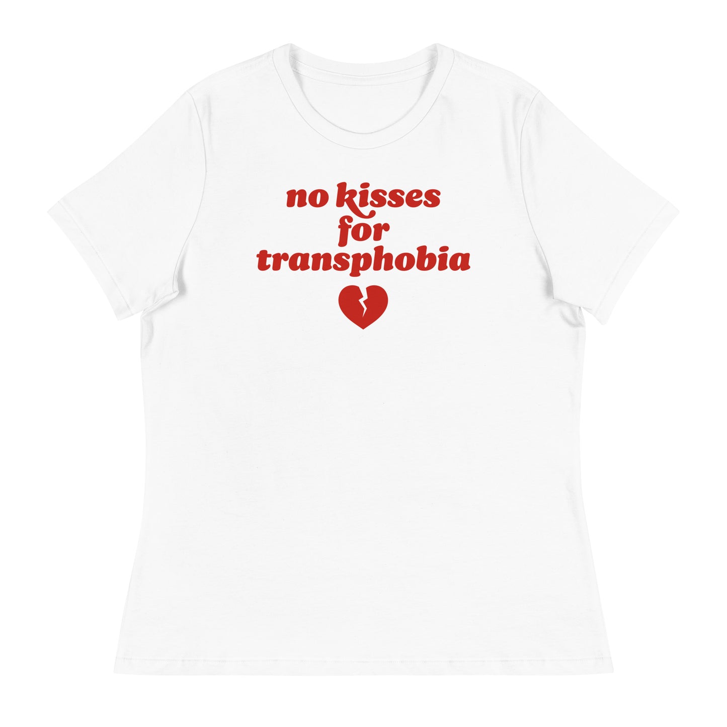 Women’s relaxed t-shirt in white displaying “no kisses for transphobia” in retro lettering with heart graphic, a justice-focused Valentine design from Blue Wave USA.