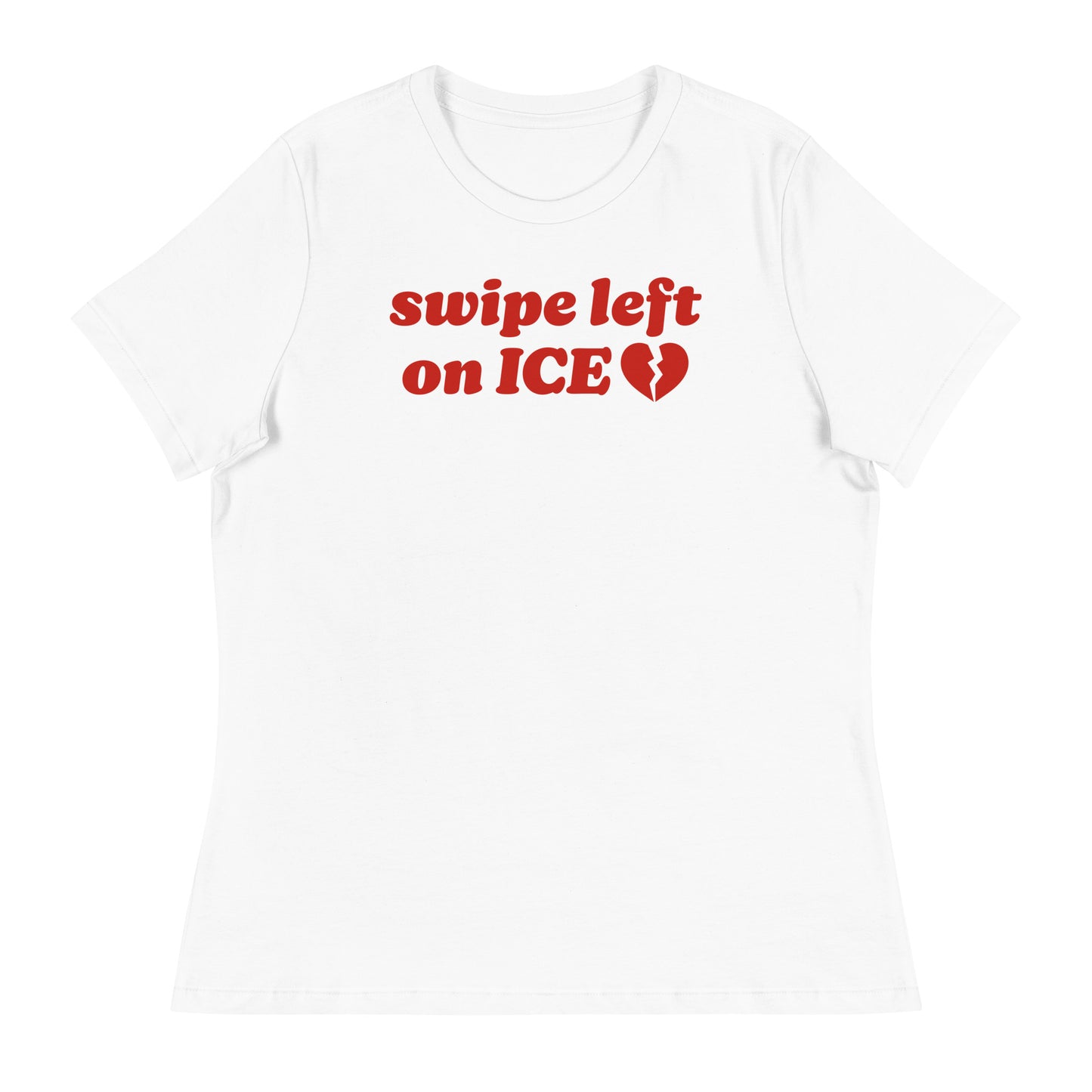 Women’s relaxed t-shirt in white displaying “swipe left on ICE” in retro lettering with heart symbol, a justice-focused Valentine message from Blue Wave USA.