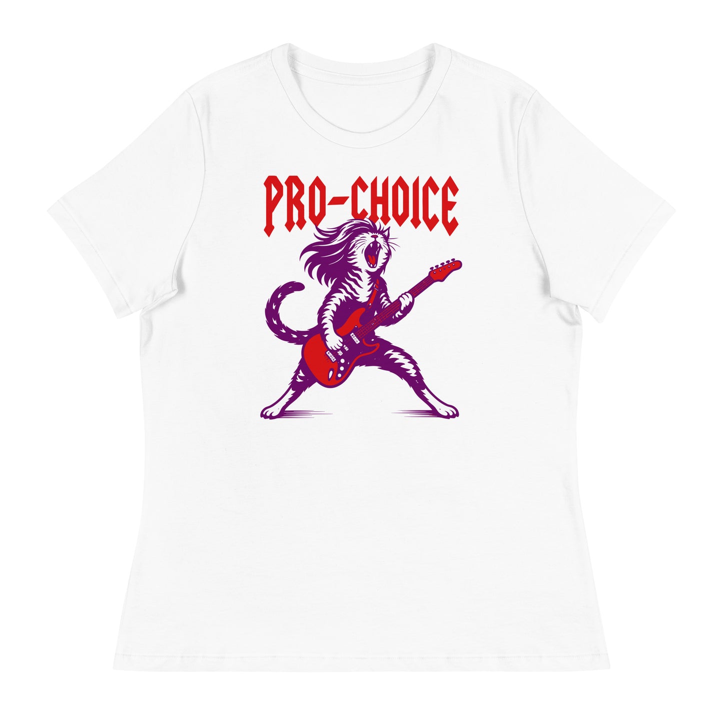 White women’s relaxed t-shirt displaying a high-contrast illustrated cat playing electric guitar with bold red “PRO-CHOICE” lettering, clean feminist graphic on a bright white garment from Blue Wave USA.