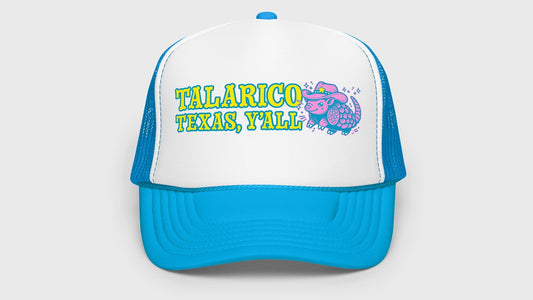 James Talarico Texas Y’all trucker hat featuring a pink retro armadillo in a cowboy hat.