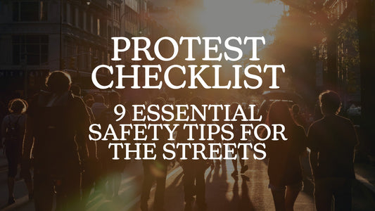 A warm, golden-hour street photography background showing silhouettes of people walking, overlayed with bold white text: Protest Checklist: 9 Essential Safety Tips for the Streets.