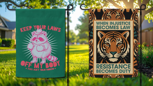 Progressive garden flags featuring a feminist cowboy raccoon and activist designs for front yard decor.