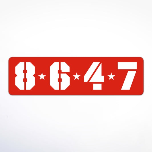 Stencil-style anti-Trump sticker showing 86447 in red rectangle.