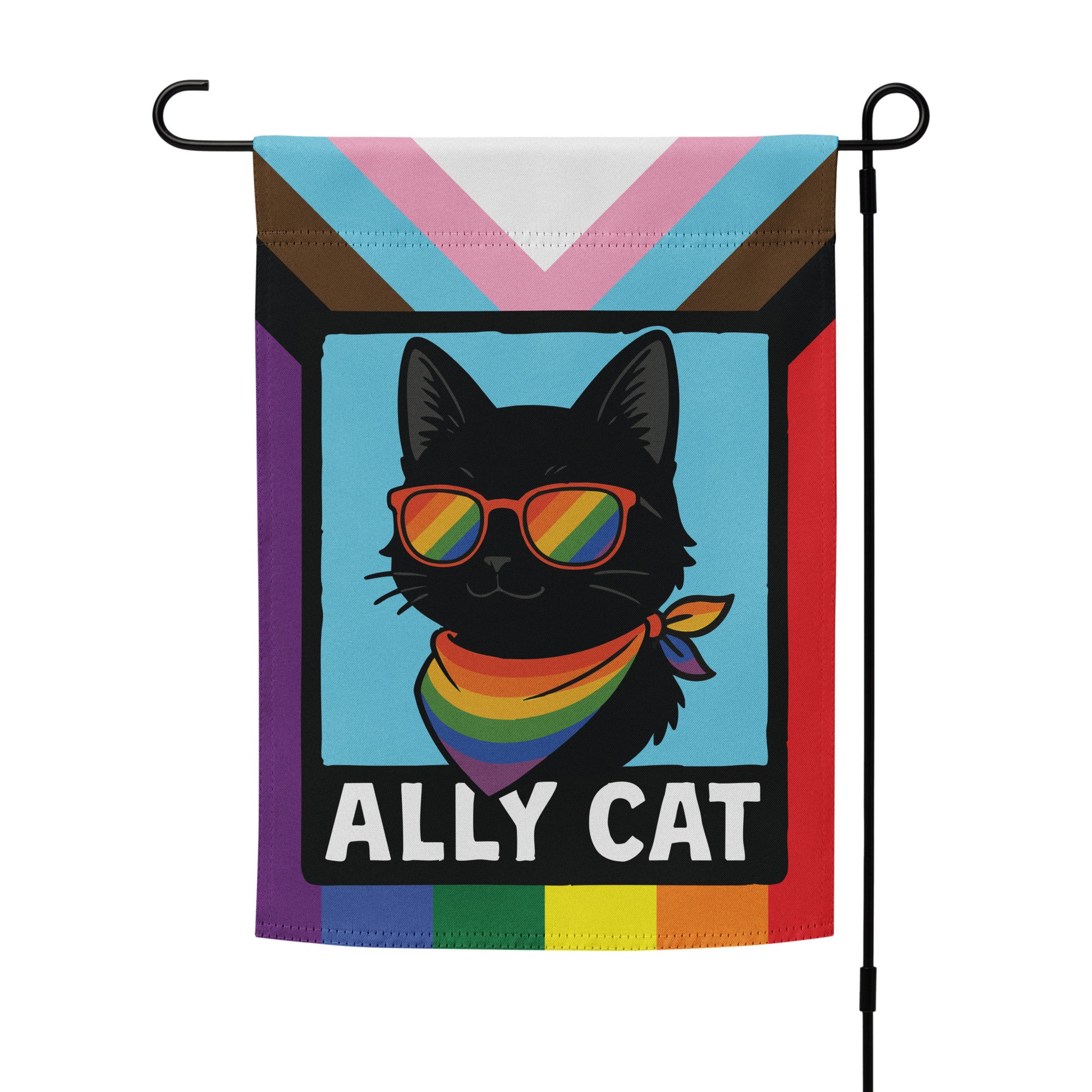 Garden flag mounted on a stand with progress pride colors, featuring a stylized ally cat illustration and bold “ALLY CAT” lettering from Blue Wave USA.