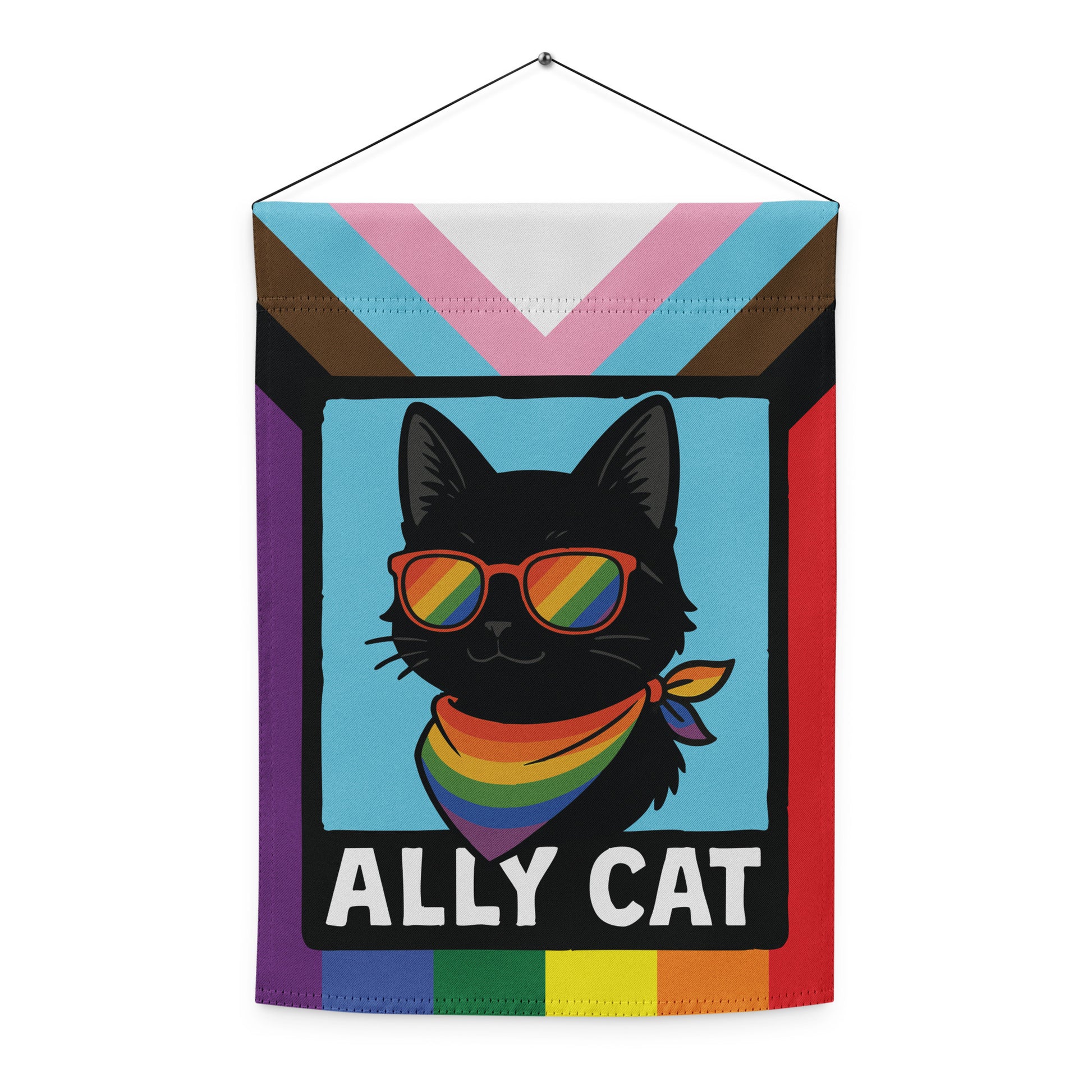 Hanging wall-style garden flag with a centered black cat wearing sunglasses and pride colors, framed by progress pride stripes and the words “ALLY CAT.”