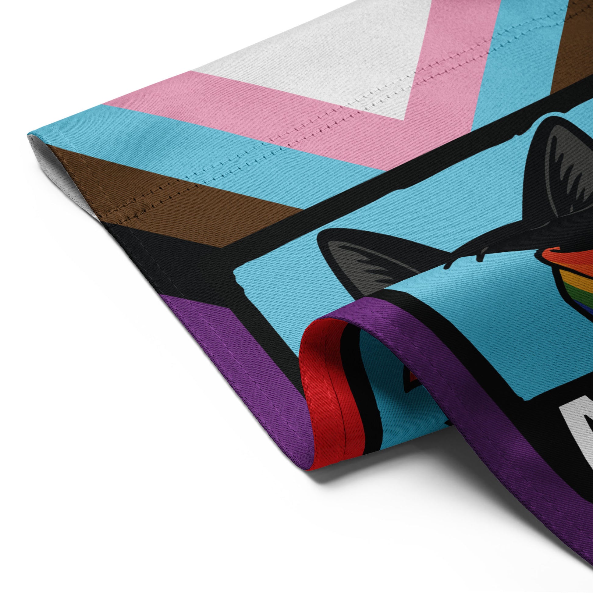 Folded fabric detail of the progressive pride garden flag, showing stitched edges, layered rainbow colors, and crisp “ALLY CAT” lettering.