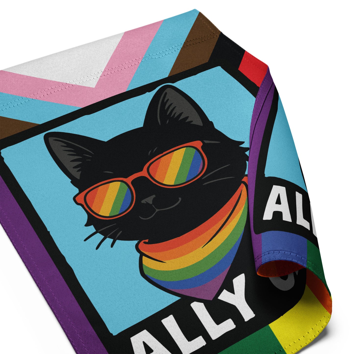 Close-up angled view of the garden flag design, highlighting the illustrated cat face, rainbow scarf, sunglasses, and partial “ALLY CAT” text.