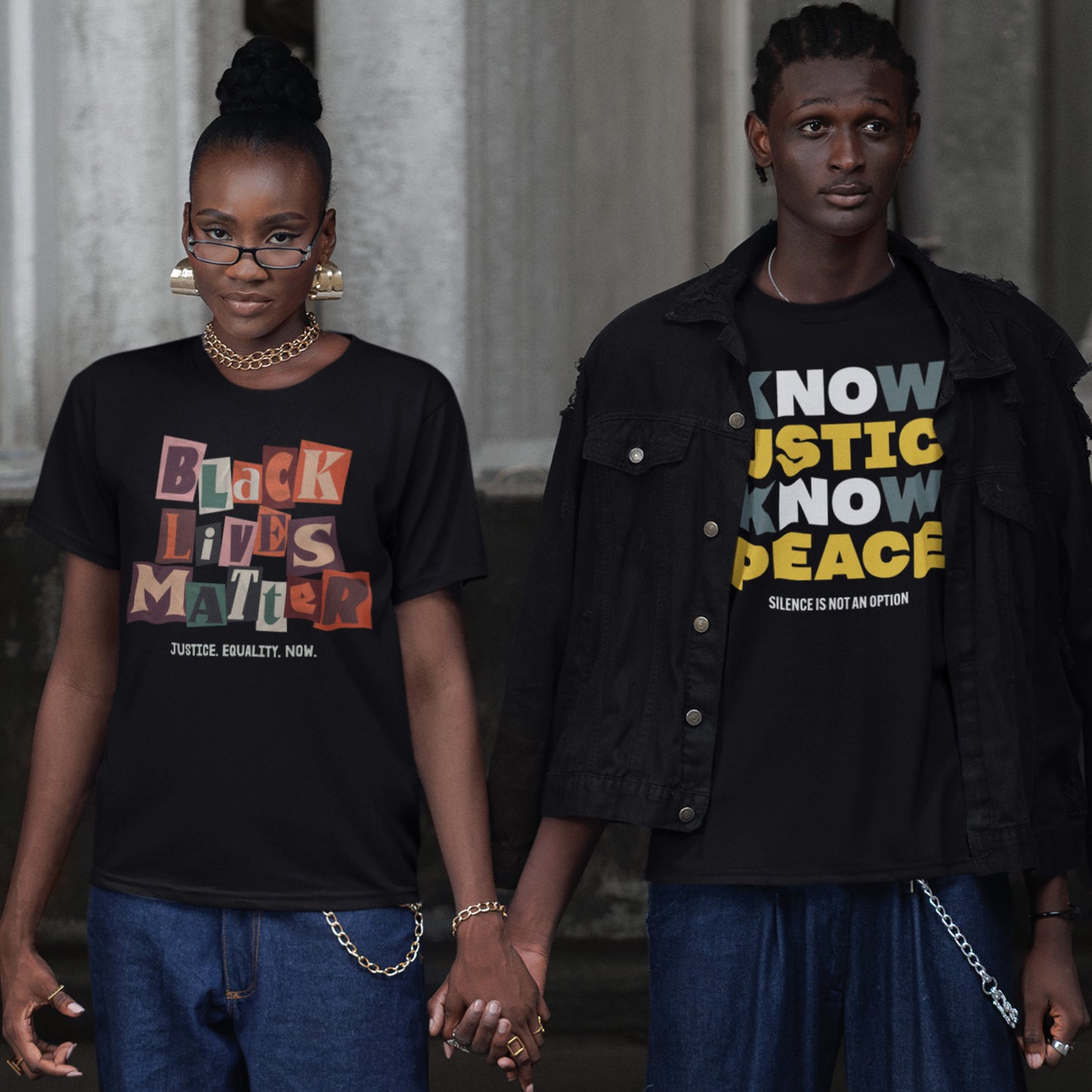Two people walking hand in hand, one wearing the Know Justice Know Peace t-shirt and the other a Black Lives Matter collage tee. The image captures unity, courage, and community activism in motion.