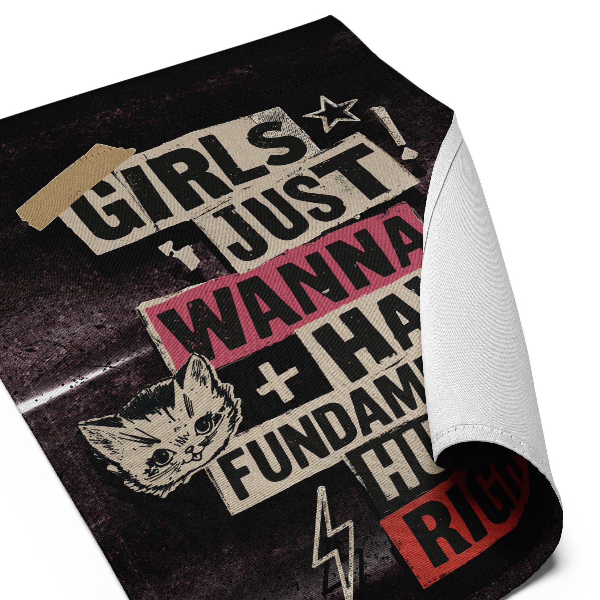 Close-Up of Design: Close-up of punk collage text design on Girls Just Wanna Have Fundamental Human Rights Garden Flag