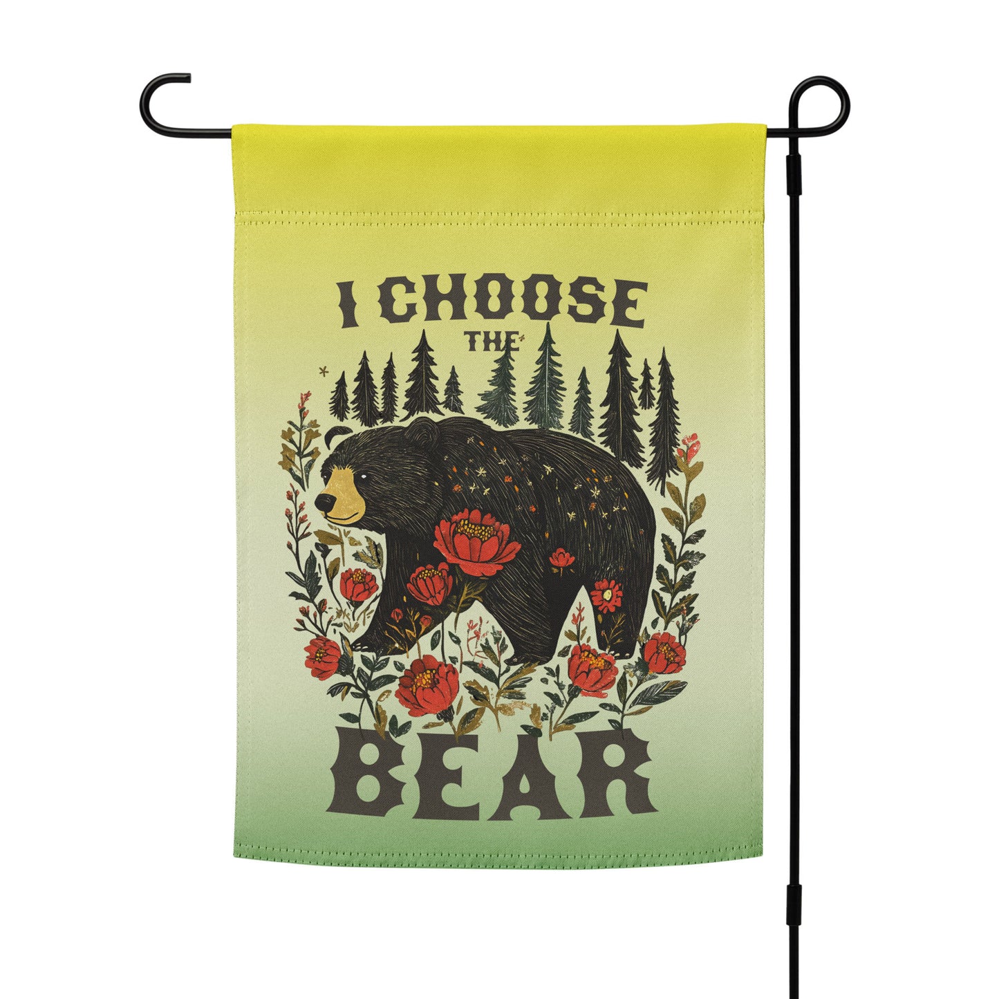 Garden flag displayed vertically on a black metal stand, featuring a bear surrounded by flowers and pine trees with distressed folk-art text reading “I CHOOSE THE BEAR,” by Blue Wave USA.