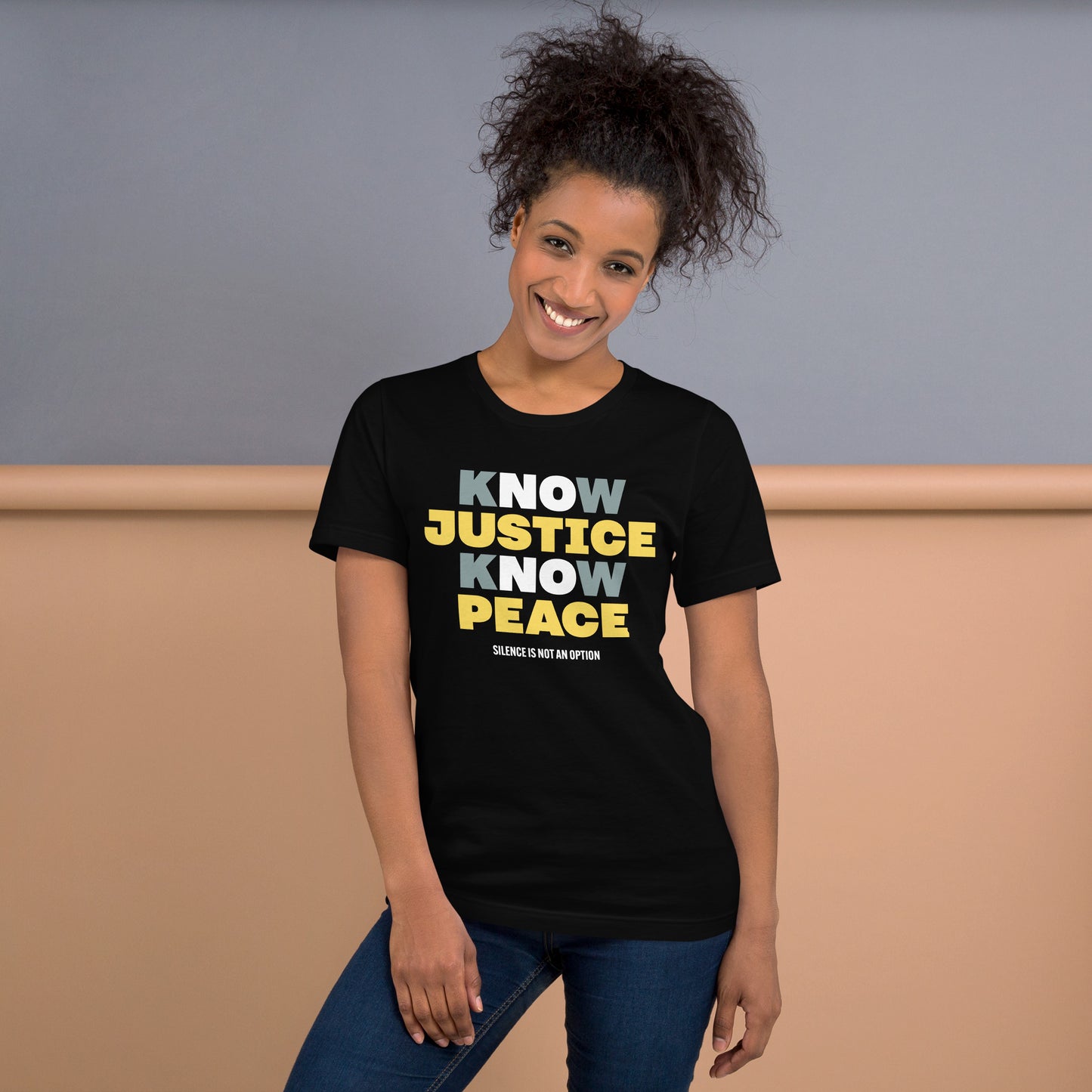 Model wearing the Know Justice Know Peace T-Shirt.